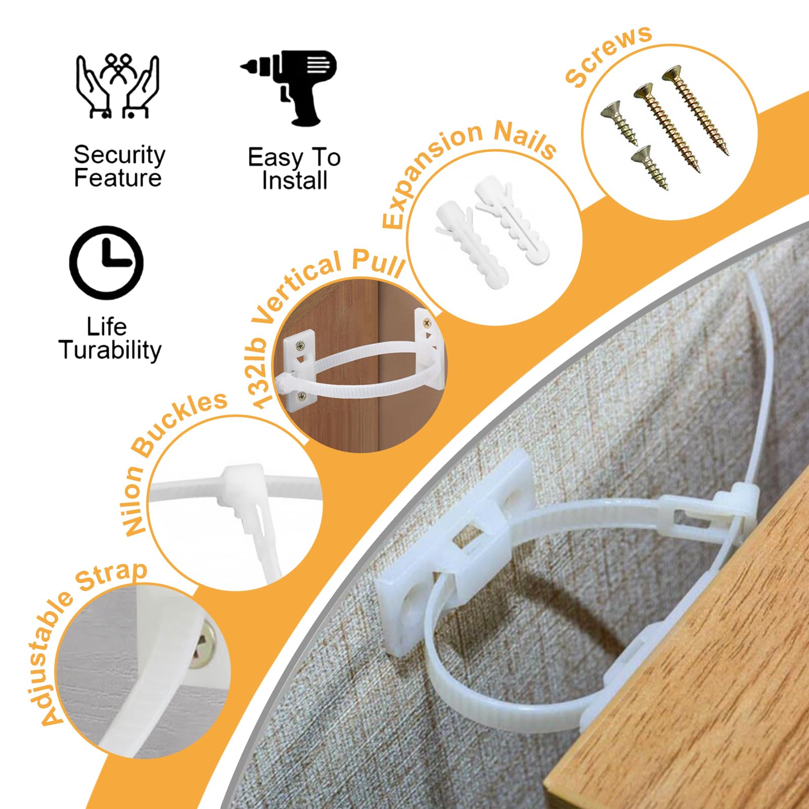 10pcs Baby Furniture Straps,Adjustable Proofing Anti-Tip Furniture Anchor Straps kit,Falling Furniture Prevention Device,Safety Furniture Wall Anchors for Proofing Dresser,Cabinet,Closet,Bookshelves - Image 3