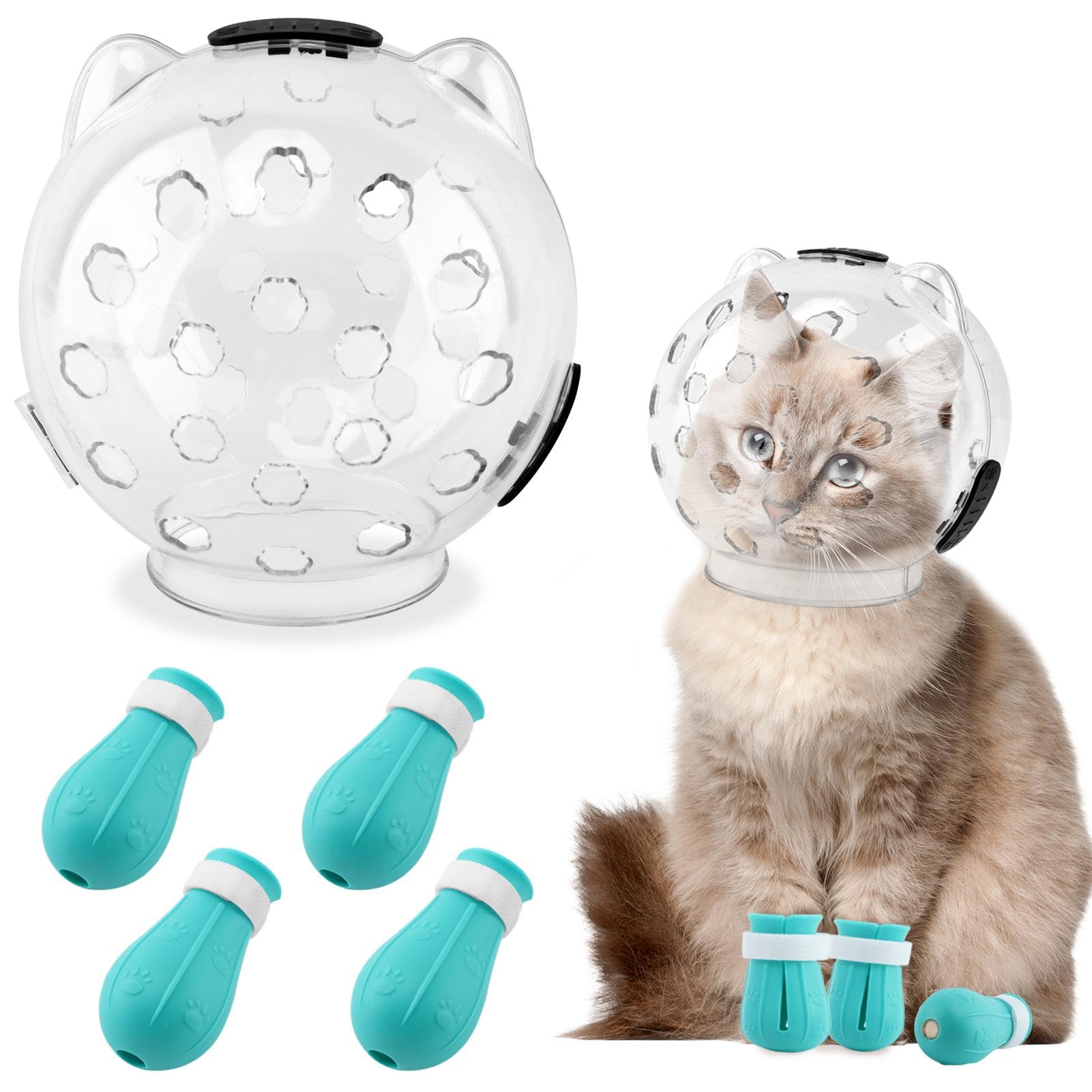 Cat Muzzle for Grooming, Adjustable Breathable Transparent Cat Astronaut Helmet with 4 Silicone Paw Shoes for Bath Nail Trimming(Size:M)