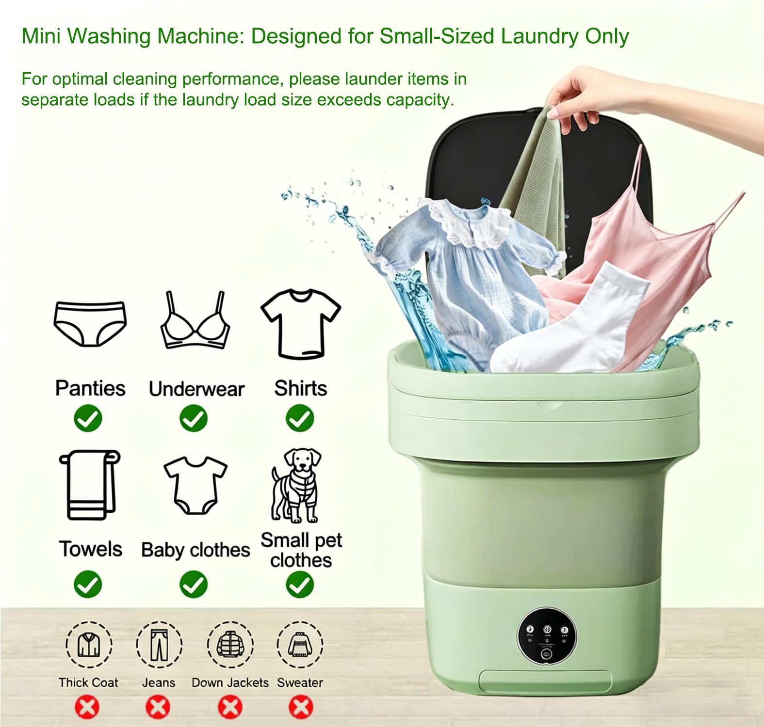 Lavatrice Pieghevole 8L, Mini Lavatrice Portatile con 3 Modalità di Lavaggio & Cestello Strizzatore, Disinfezione Ag+, Risparmio Energetico per Intimo, Calzini, Abiti Bambino, Viaggio e Studentato