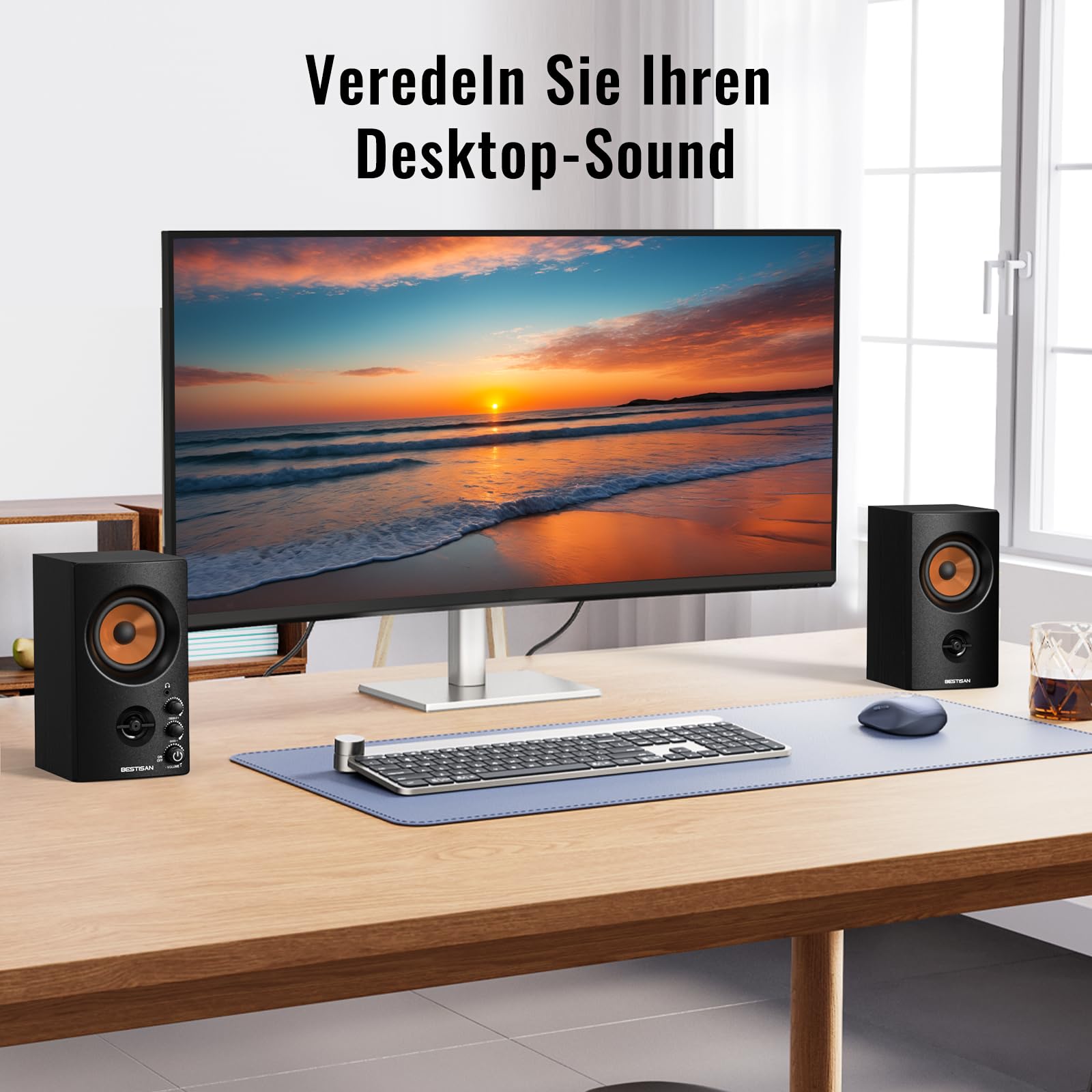 BESTISAN Aktive Regallautsprecher mit Bluetooth- und RCA-Eingang | HiFi-Klang für PC, Desktop, Gaming | Kompakte Holz-Lautsprecher, 7,6 cm (3 Zoll)