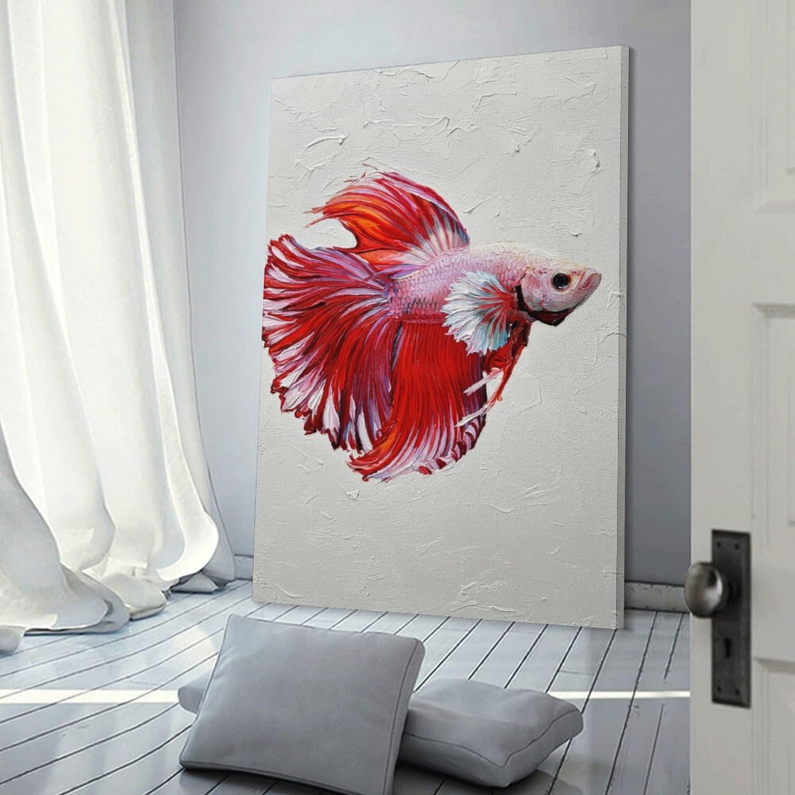 Junmoney Frame-Style-24 Red Betta Fish Painting Decorative Wall Artwork, 20X30inch(50X75cm), For Living Spaces, Bedrooms Or Relaxed Rooms, Modern Wall Decor For Cosy Interiors