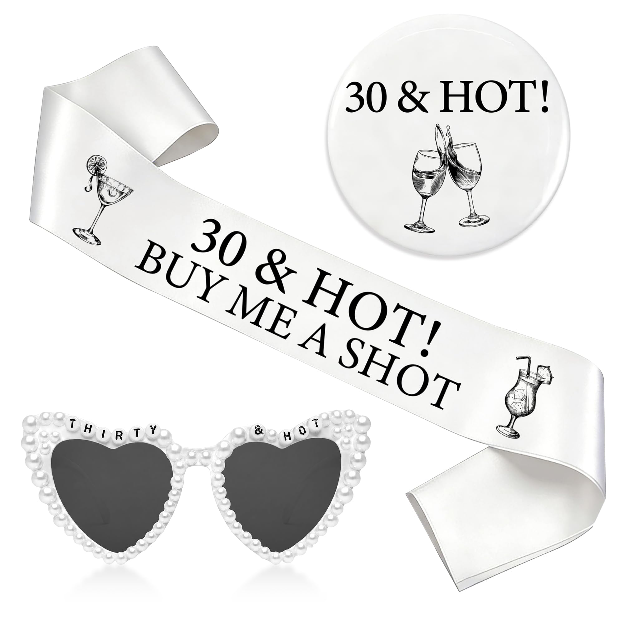 30th Birthday Decorations Sash Badge - 3 PC Black White 30th Bday Set
