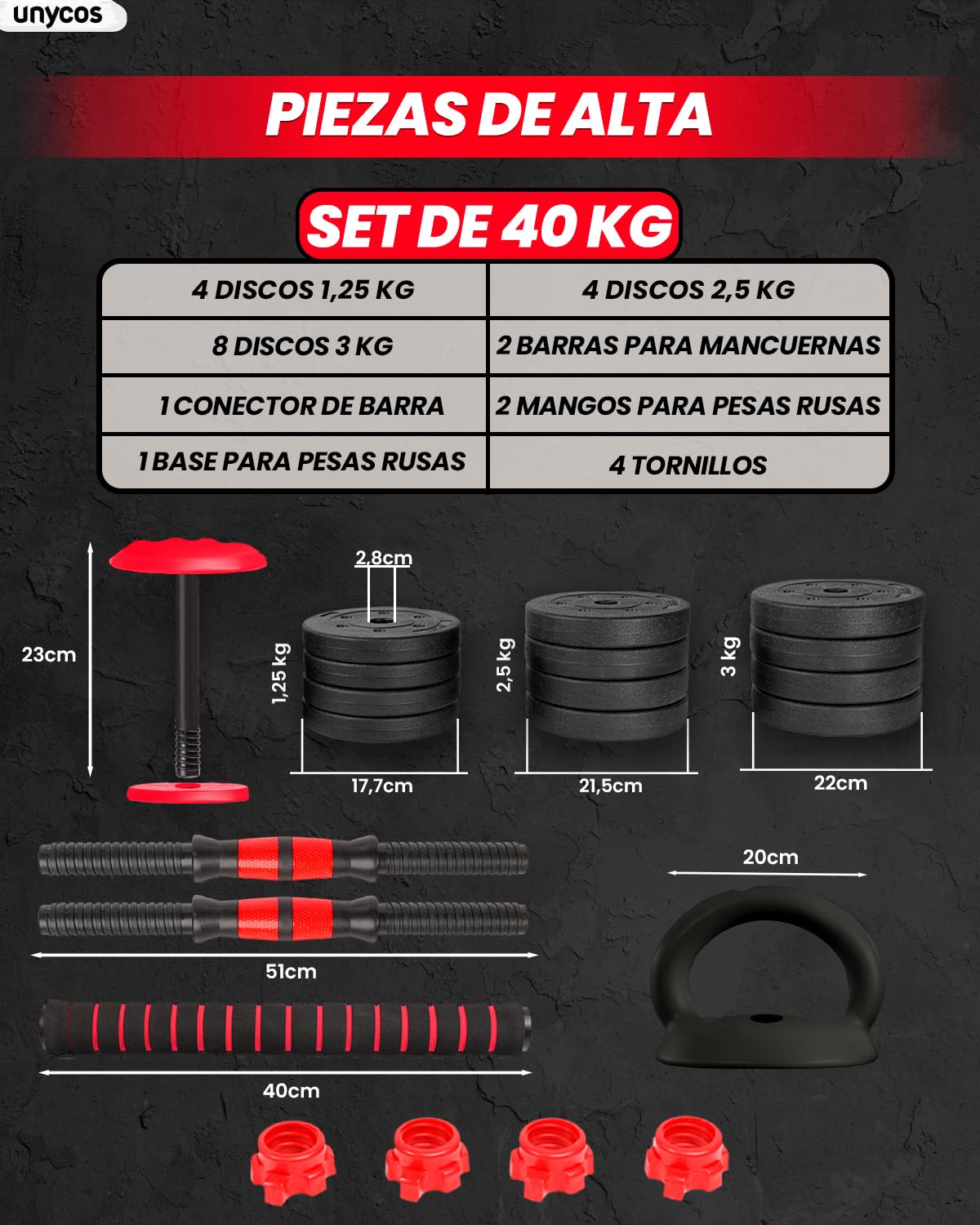 unycos - Juego de Mancuernas Ajustables con Discos Intercambiables y Barra Recta de Conexión, Set de Entrenamiento de Fuerza para Fitness, Gimnasio en Casa