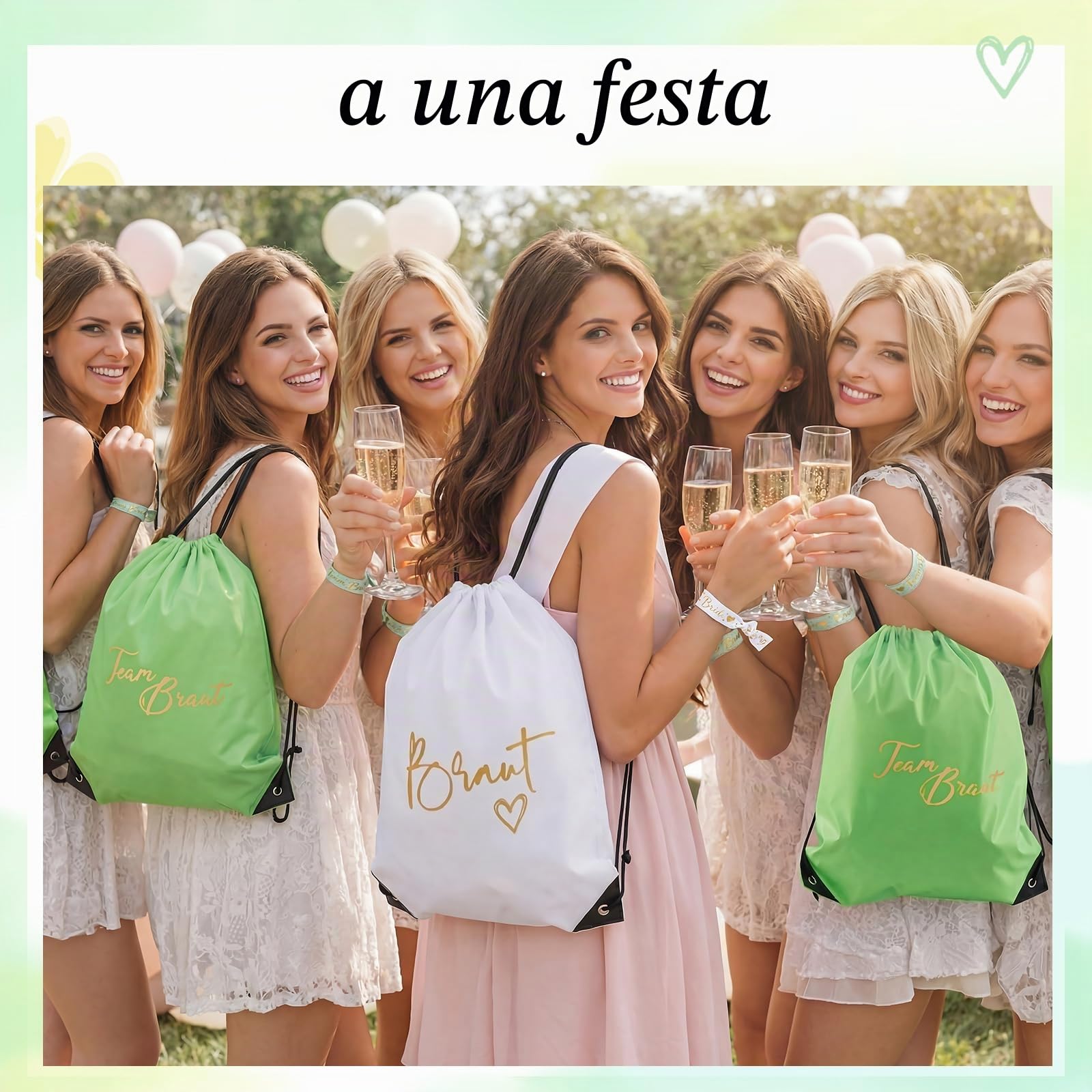 BBTO 57 Pezzi Accessori Addio al Nubilato Donna Bride To Be & Team Bride Kit con 14 Sacche Zaino, 14 Occhiali a Cuore, 14 Bracciali, 14 Scrunchie e 1 Fascia Sposa