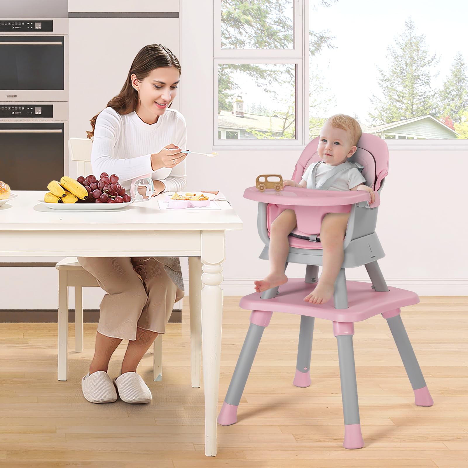 TODEFULL Baby High Chair, 8 in 1 Convertible Highchairs for Babies and Toddlers, Children Dining Booster Seat/Kids Building Block Table for Girls Boys, Baby Seat with Removable Tray, Pink