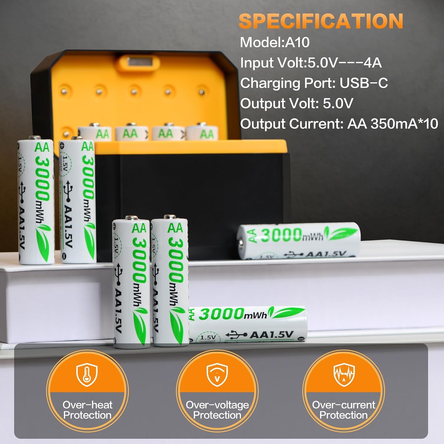 Wiederaufladbare AA-Batterien, Lithium mit Ladegerät, 1,5 V, 3000 mWh, Doppel-A-Akku, wiederaufladbar, langlebig, Pilas Recargables Lithium-Ionen-AA-Akku mit Lade-Aufbewahrungsbox für Blink Outdoor