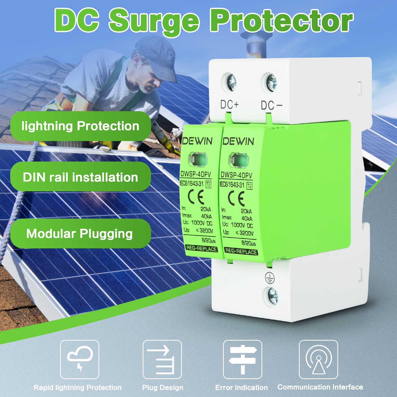 IP20 Parafoudre SPD du boîtier de combinaison PV PV40 20ka~40ka 1000V Dispositif de protection contre les surtensions DC - Chine Dispositif de protection contre les surtensions, parasurtenseur