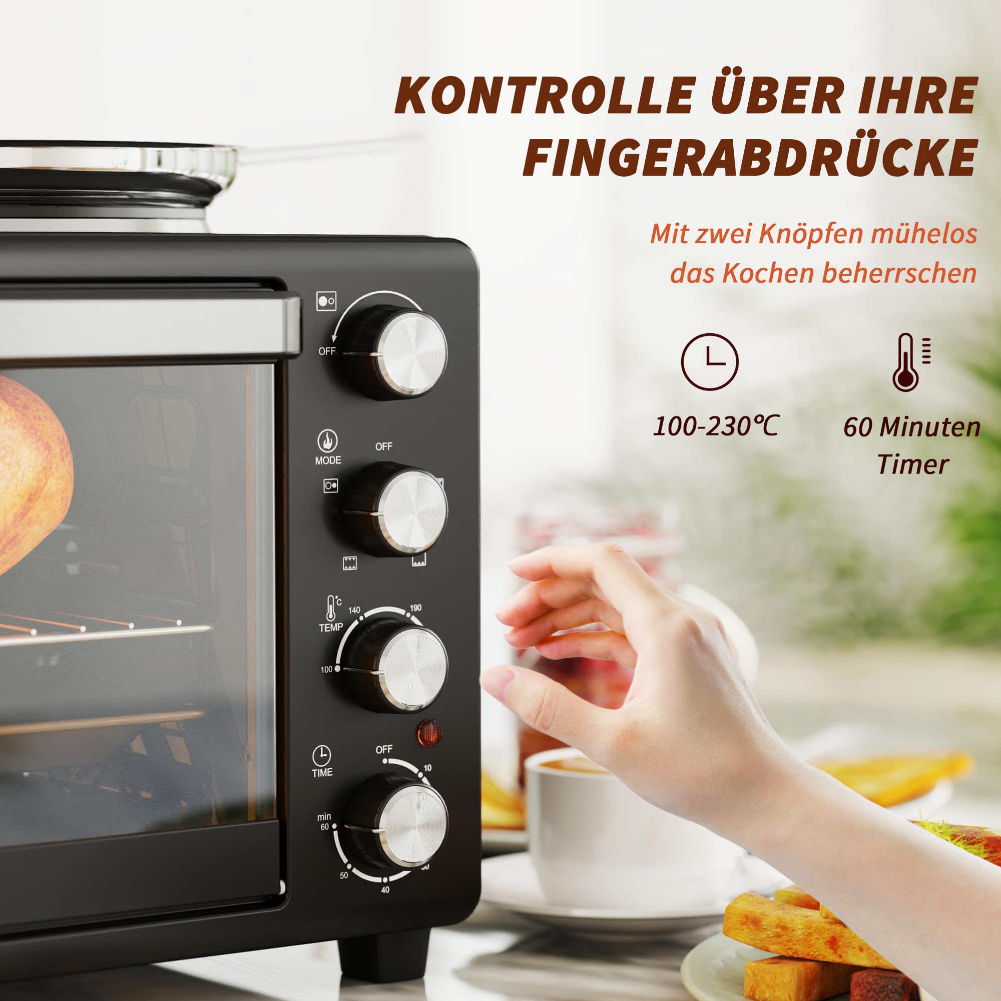 HOMCOM Minibackofen 28 L 2600W 100-230℃ Pizzaofen mit 60 Min. Timer, Grillrost 2 Kochplatten, Backblech, Mini Backofen mit Tablettgriff, Krümelblech, Schwarz