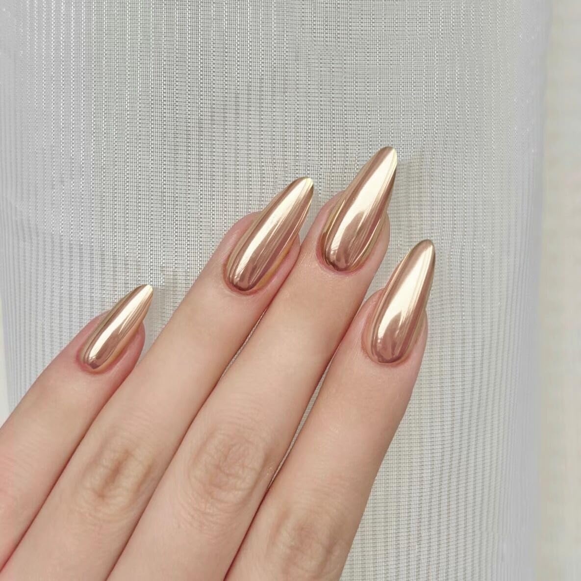 Metallic Light Gold False Nails Almond, SXVME Chrome Press On Nails Medium