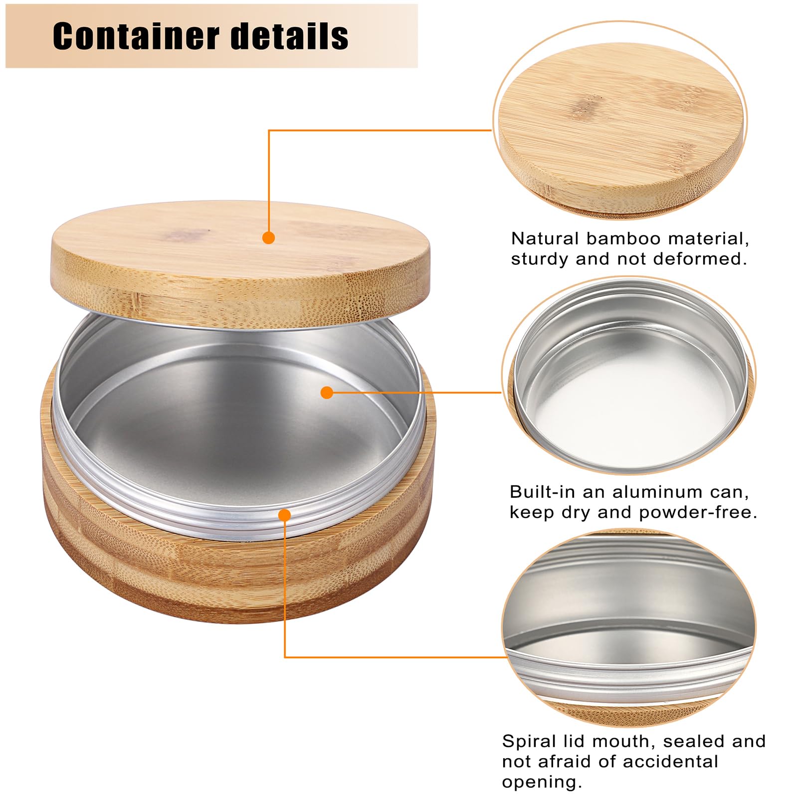 TOLIDA 2pcs Body Powder Puffs and 1 Container, 10oz Empty Bamboo Case with Aluminum Inner Jar - Image 3