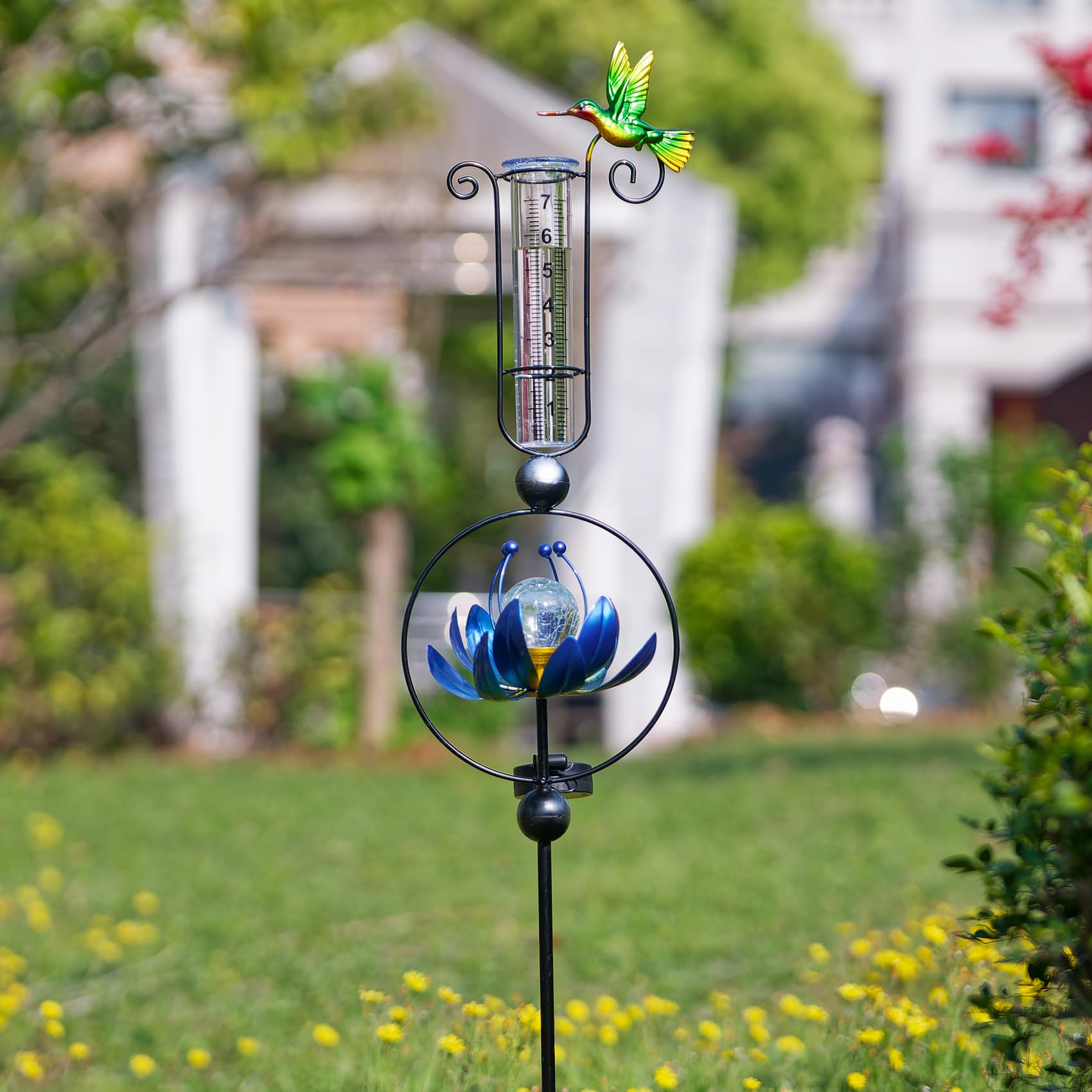 Pluviomètre solaire d'extérieur en plastique numérique en forme de fleur de lotus avec boule de cristal craquelée LED étanche Colibri