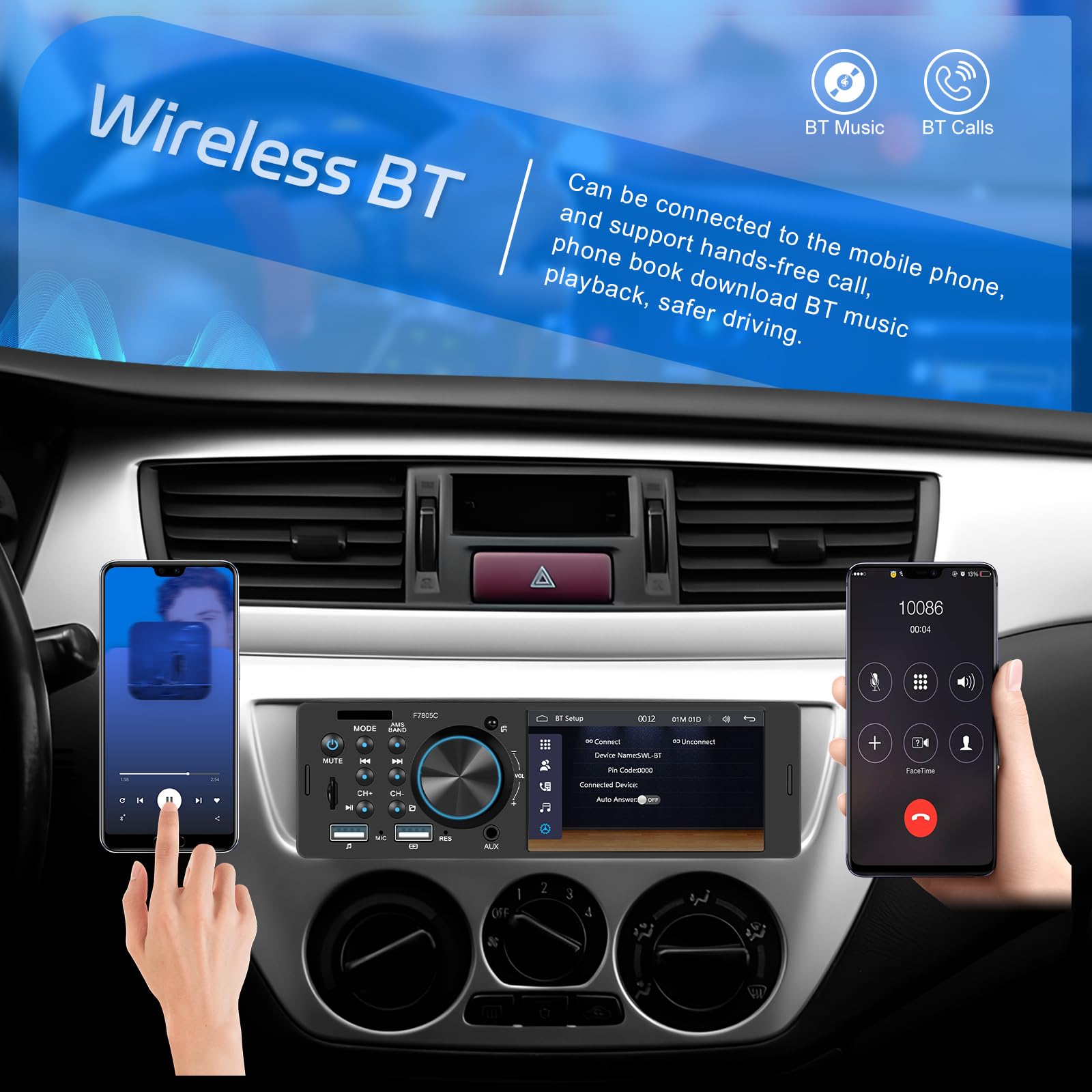 Hikity Radio de Coche 1 DIN Carplay y Android Auto, 4 Pulgadas Pantalla Táctil Estéreo de Coche con Bluetooth, Mirror Link, FM, Cámara Trasera