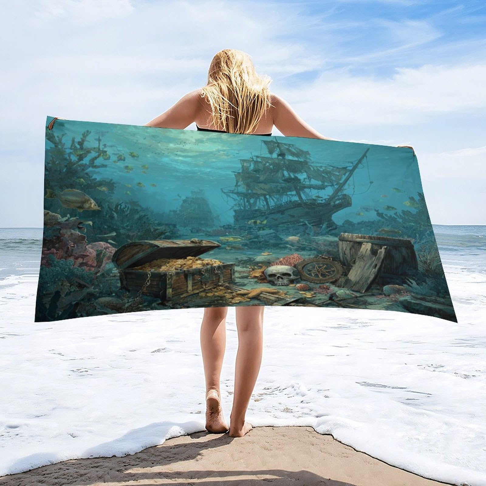 LUYYSKY Modern Fantasy Pirate Ship Absorbent Beach Towel, Rustic Watercolor Nautical Underwater Treasure Shipwreck Skull Outdoor Single-Sided Velvet Beach Towel-80 W cm x 160" L cm