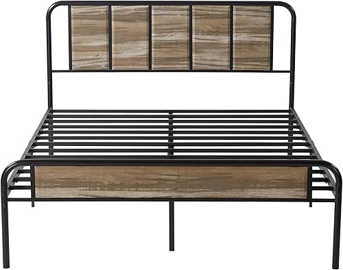 VECELO Base de cama de plataforma de metal tamaño Queen con cabecera de madera base de colchón soporte de listones de acero premium no necesita