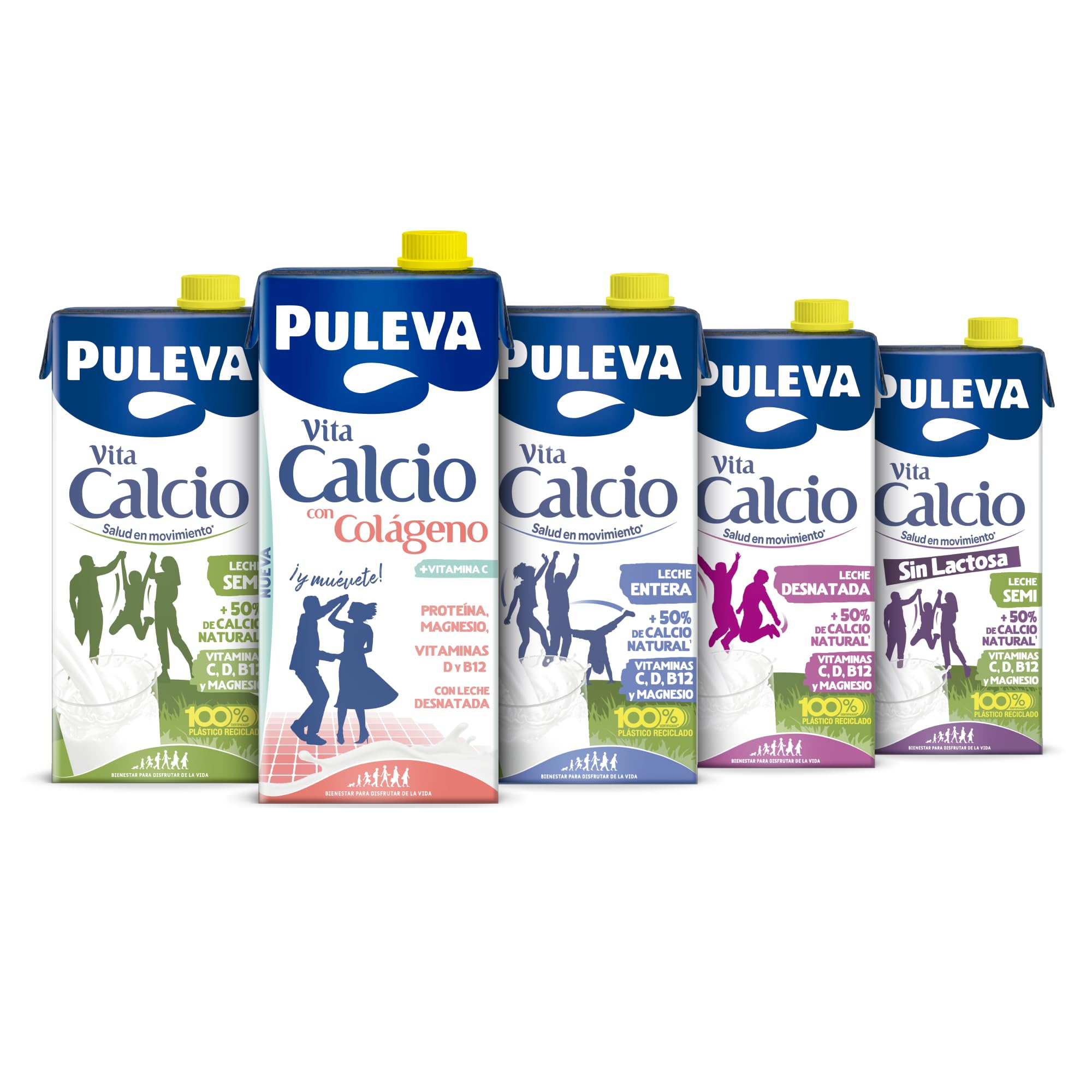 Puleva Vita Calcio Leche Desnatada con Colágeno, Vitaminas C, B12, Calcio y Magnesio Pack 6x1L