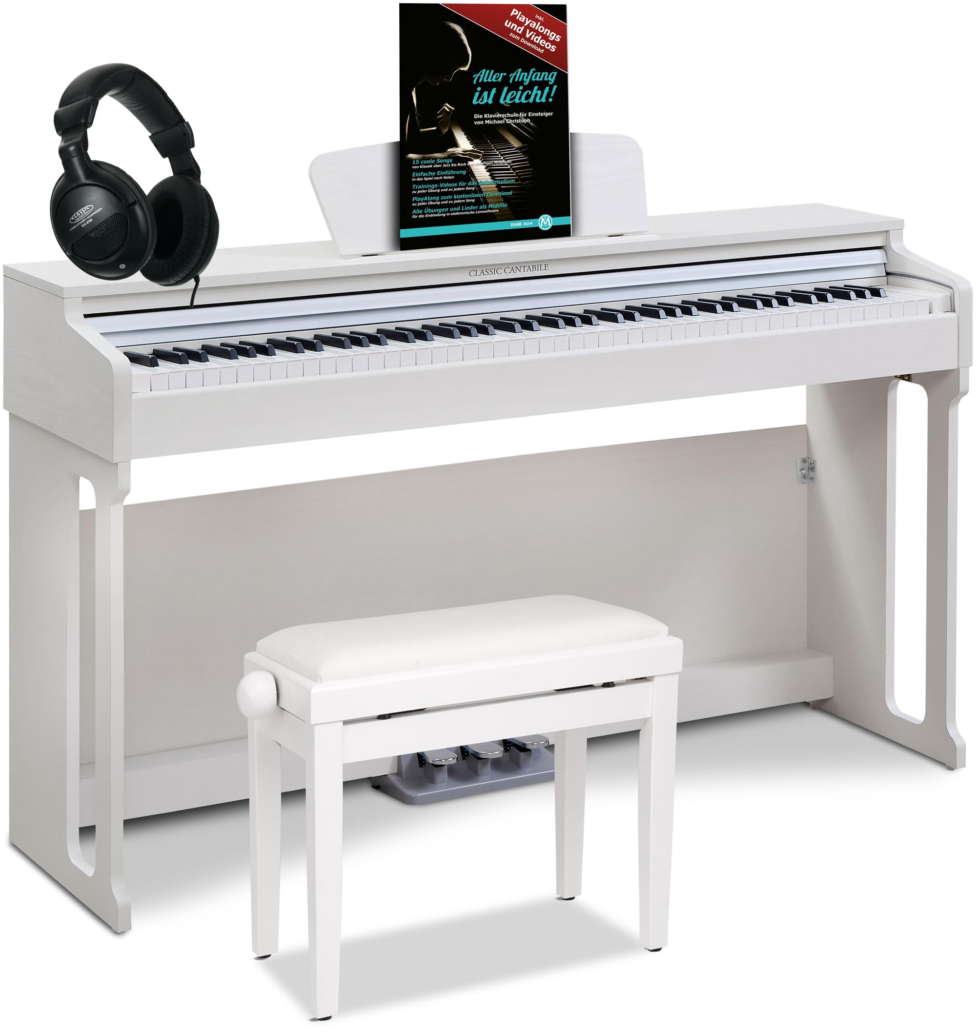 Classic Cantabile DP-220 WM E-Piano Blanco mate Set, Polifonía de 64 notas | 88 teclas ponderadas con mecanismo de martillo, Sensibilidad al tacto ajustable en 5 niveles, 10 canciones demo internas