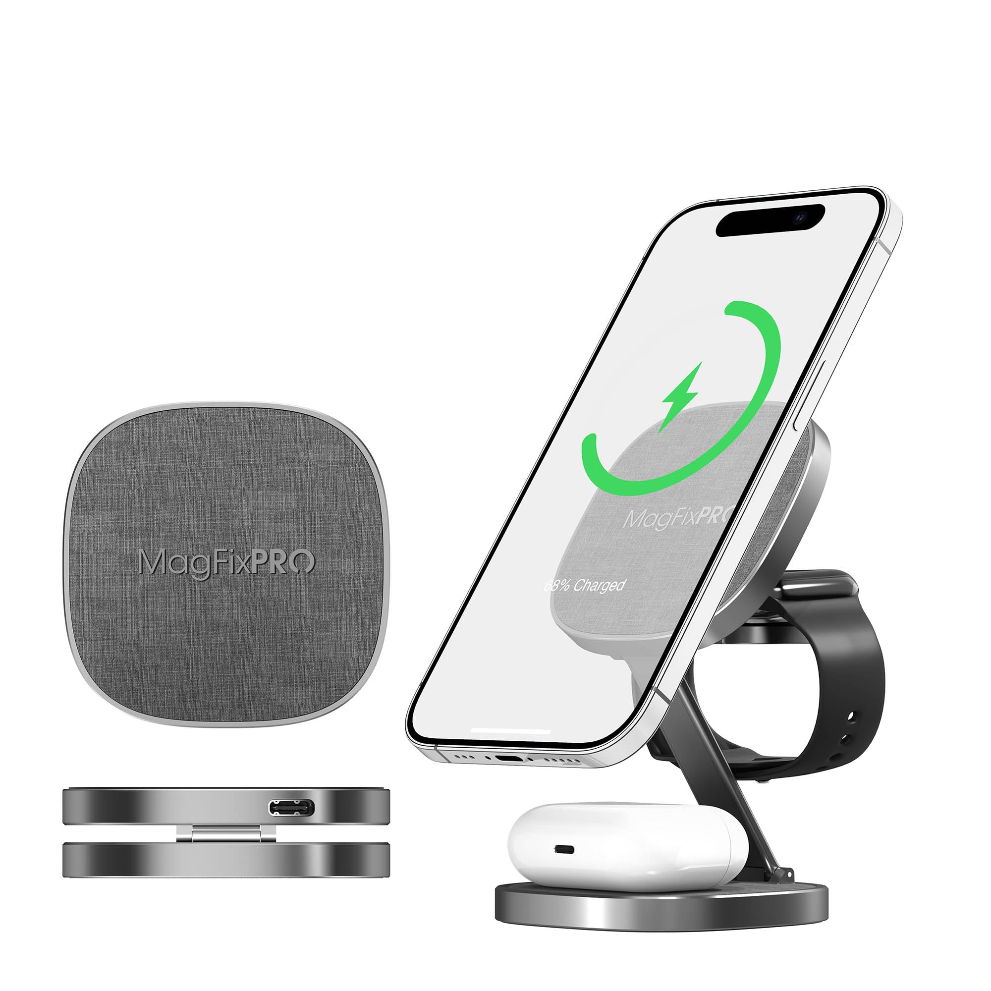 XLayer MagFix Pro 3 in 1 Stazione di ricarica Apple Wireless Charger | Pieghevole | Standby | Compatibile Magsafe | Magnetico | Senza fili | Caricatore per iPhone 16 15 Pro ,14/13/12 Watch