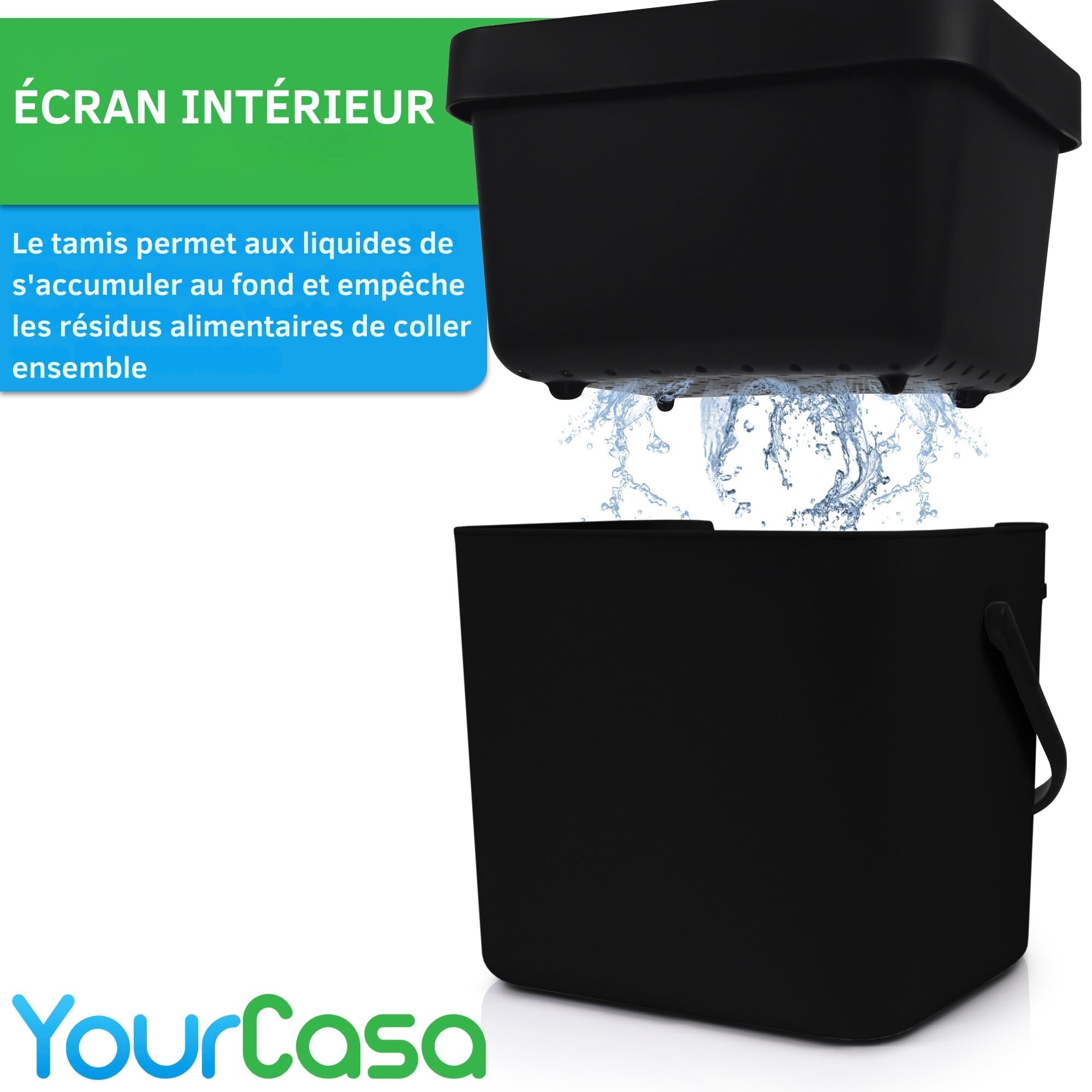 YourCasa® Poubelle de cuisine 7L à suspendre - Passoire à compost - Passe au lave-vaisselle - Anti-odeurs (noir)