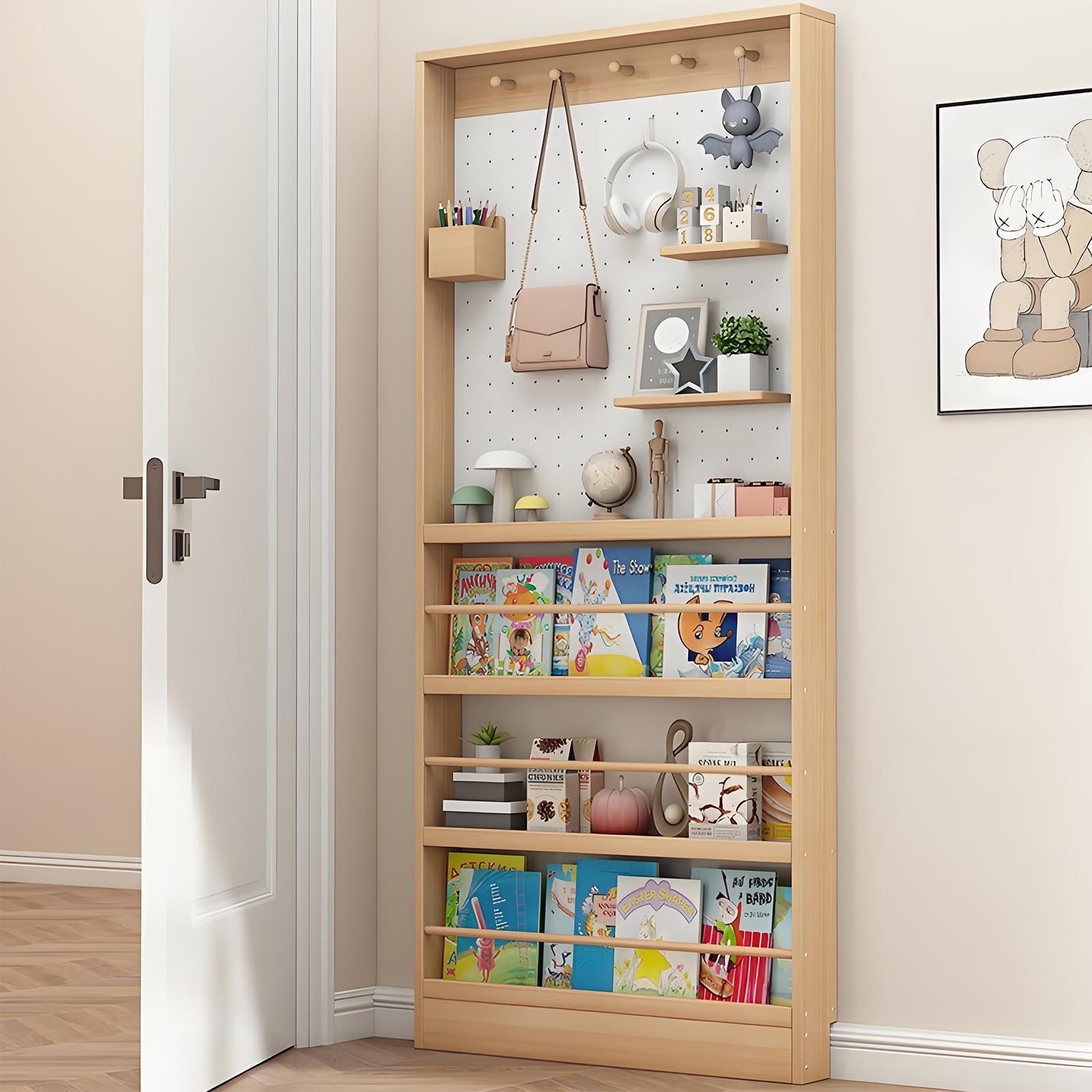 LHIUGE 70.1" Tall Behind The Door Bookshelf,Wooden Behind The Door Book Organizer,Large Capacity Ultra Slim (3.94"), Modern Bookshelf with Perforated