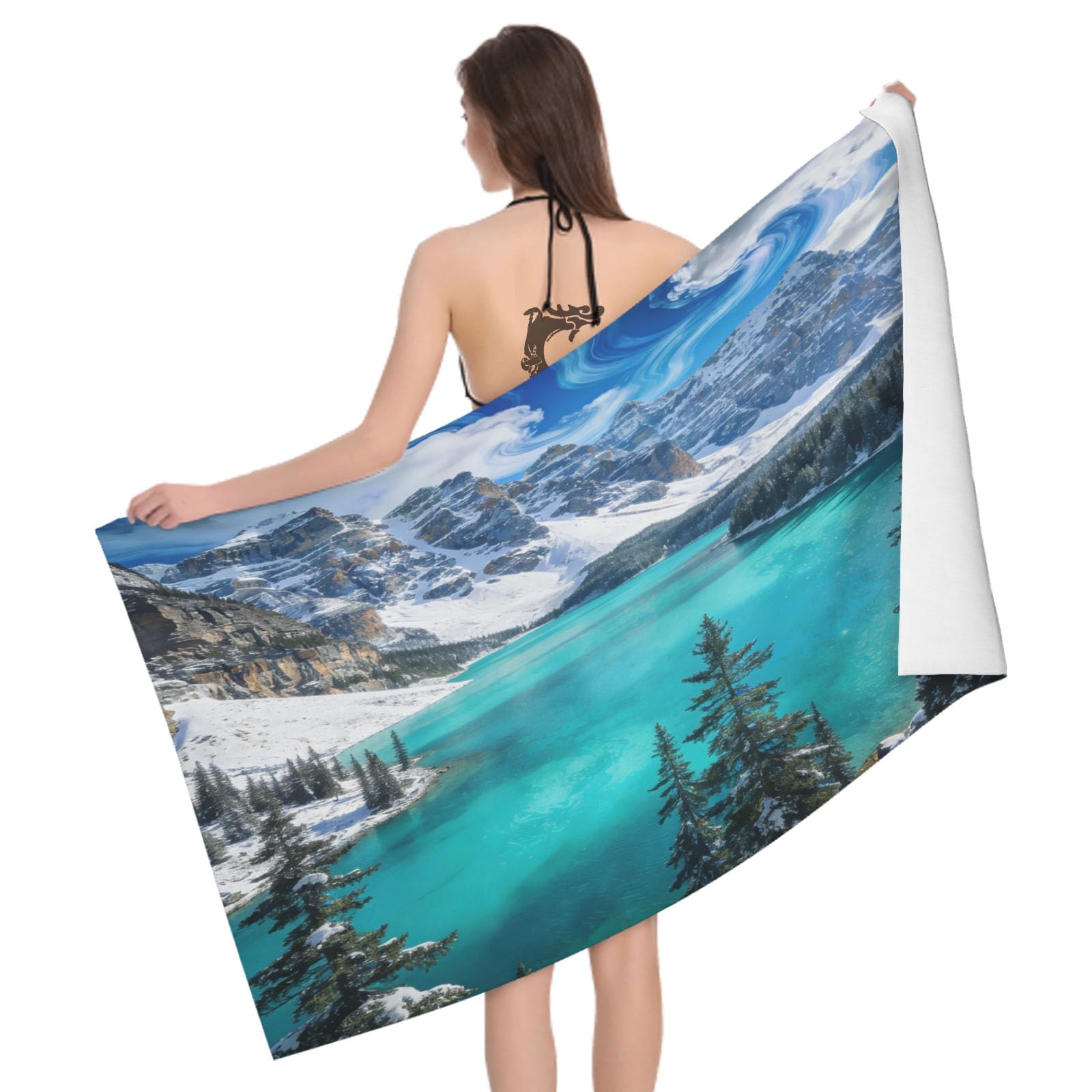 Leichong 3D Alpine Lake Beach Towel Microfiber Soft Quick Dry for Adults, Snowscape Bath Towel Lightweight Soft Absorbent for Travel Swimming Pool Sports, 75 x 150 cm