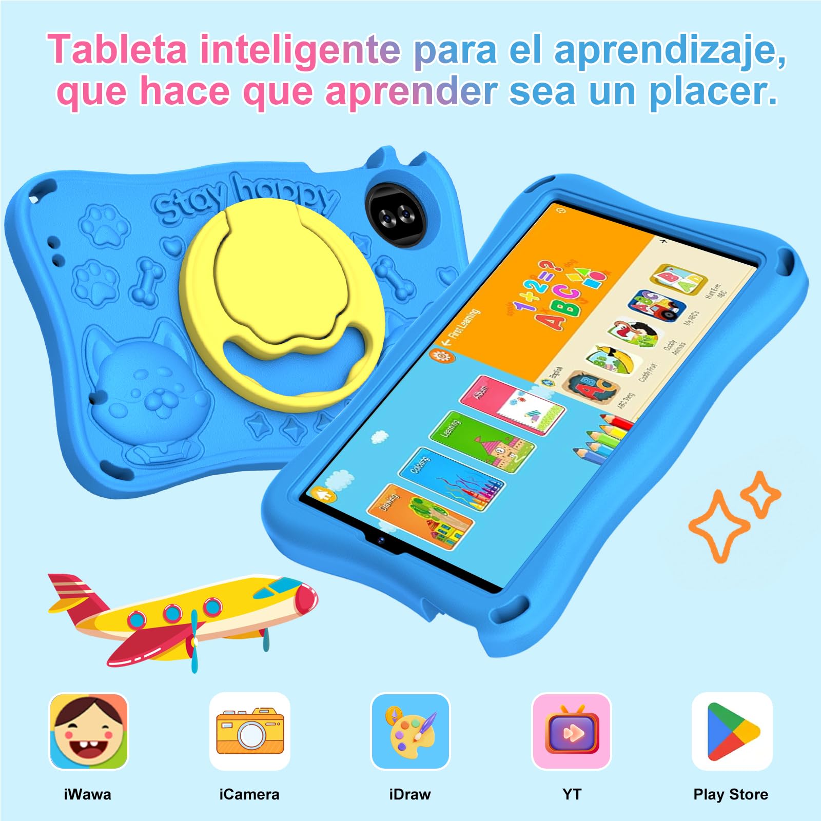 Tablet para niños 9 pulgadas Android 15 12 GB RAM 1 TB TF 5G WiFi Widevine L1 Octa-Core 5000 mAh control parental funda Eva Azul