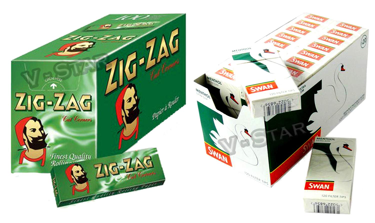 FULL BOX OF ZIG ZAG GREEN ROLLING PAPERS + FULL BOX OF SWAN FILTER TIPS (MENTHOL)