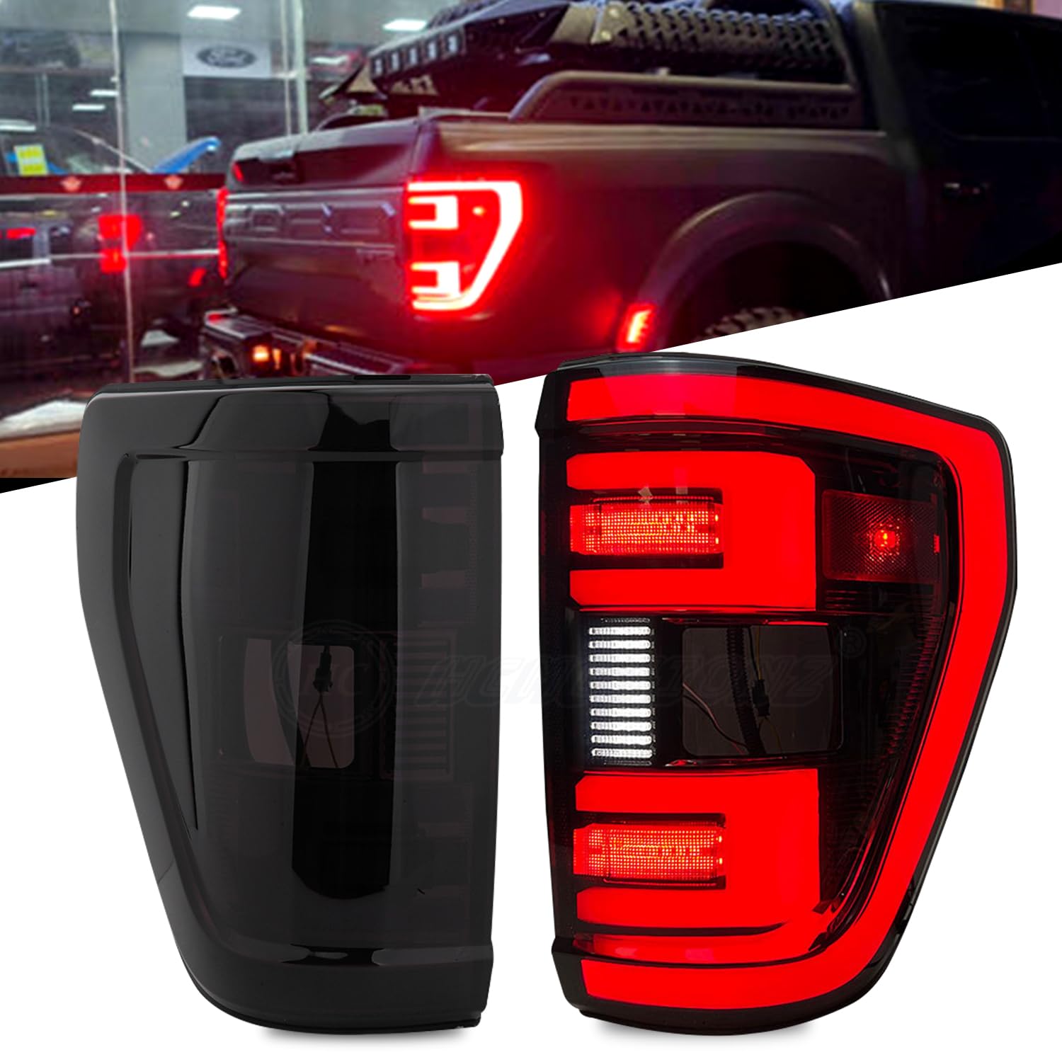 HCMOTIONZ LED Tail Lights Assembly For Ford F150 F-150 XLT 2021 2022 2023 2024 LED Brake Tail Light Rear Lamp With Blind Spot (V1-Smoked)