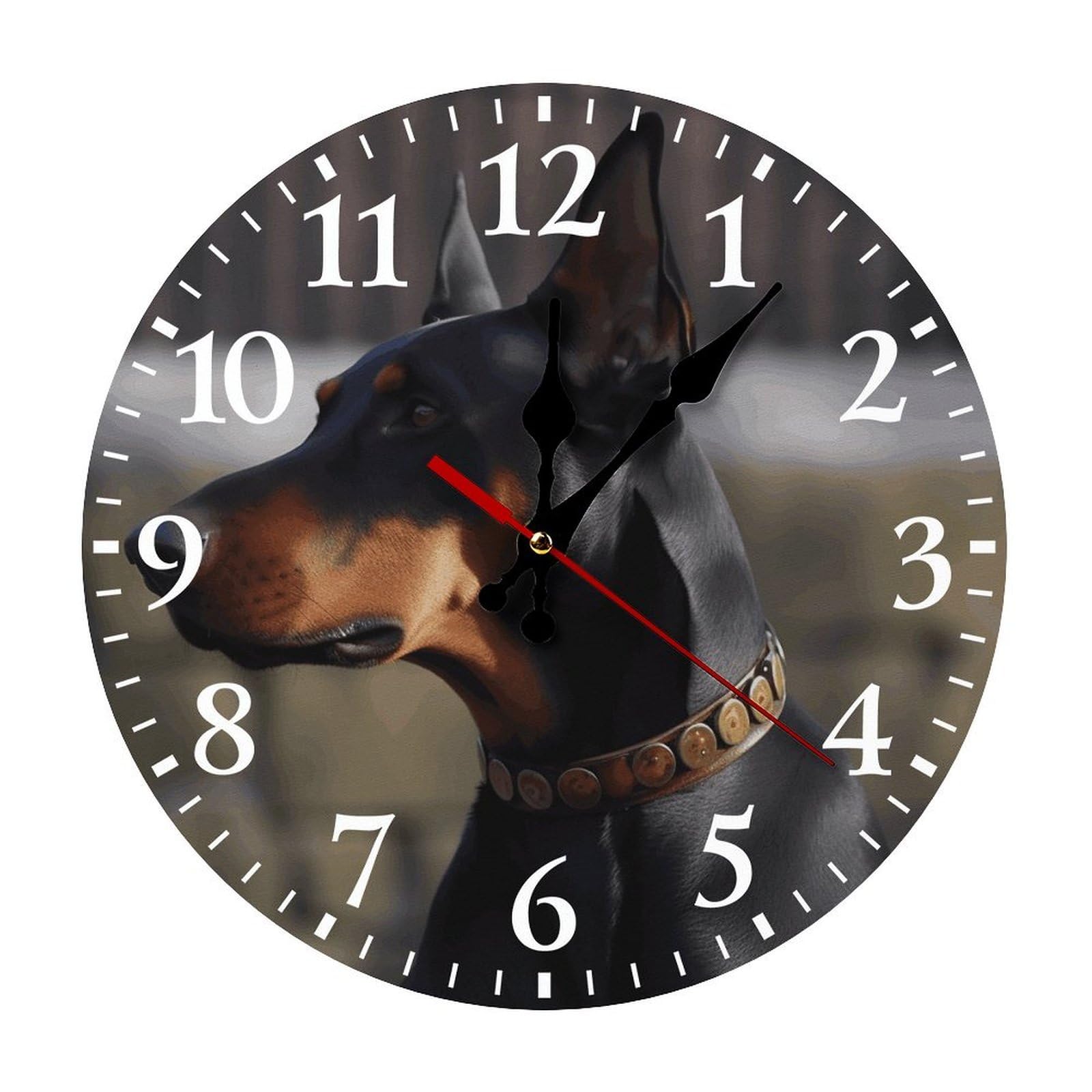 QMNLKH Doberman Wall Clock for Home, Battery Operated Clock for Hotel, Round Wall Clock with Arabic Numerals White, Easy to Read, Non-Ticking Clocks for Living Room 25 * 25cm