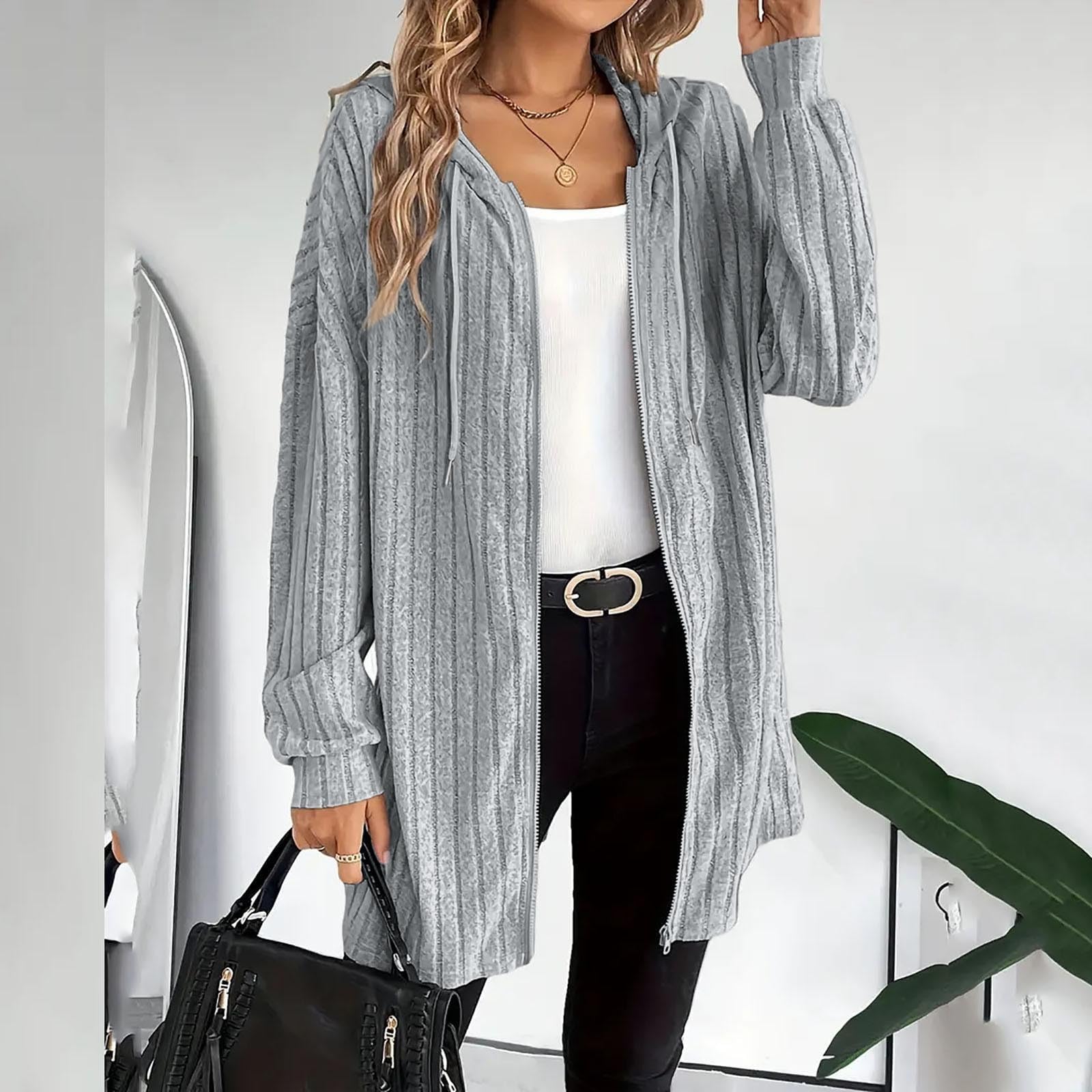 FUPODD Mantel Damen Mittellang Strickjacke Mit Kapuze Reissverschluss Jacke