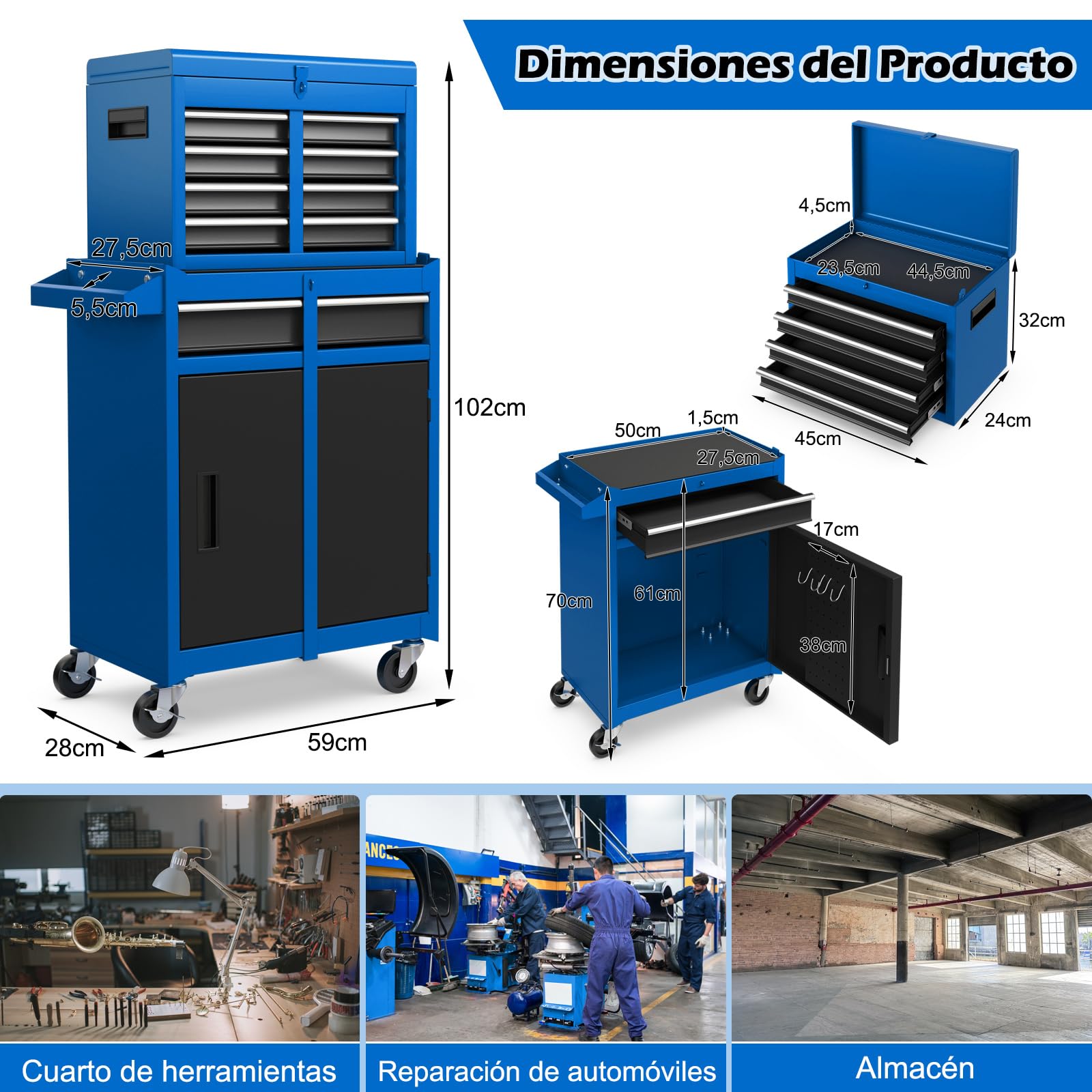 COSTWAY Caja para Herramientas Rodante de 5 Cajones, Armario para Herramientas de Gran Capacidad con Ruedas Bloqueables, Estante Ajustable y Forro Antideslizante para Garaje (Azul y Negro)