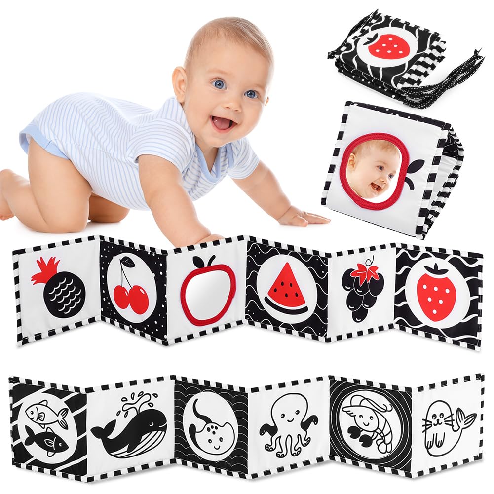 Vicloon Kontrastbuch Baby, Soft Bilderbuch aus Stoff mit Spiegeln, Schwarz Weiß Doppelseitig Baby Stoffbuch, Wahrnehmungs-Lernspielzeug,Neugeborenes Lernspielzeug Spielzeug Geschenk