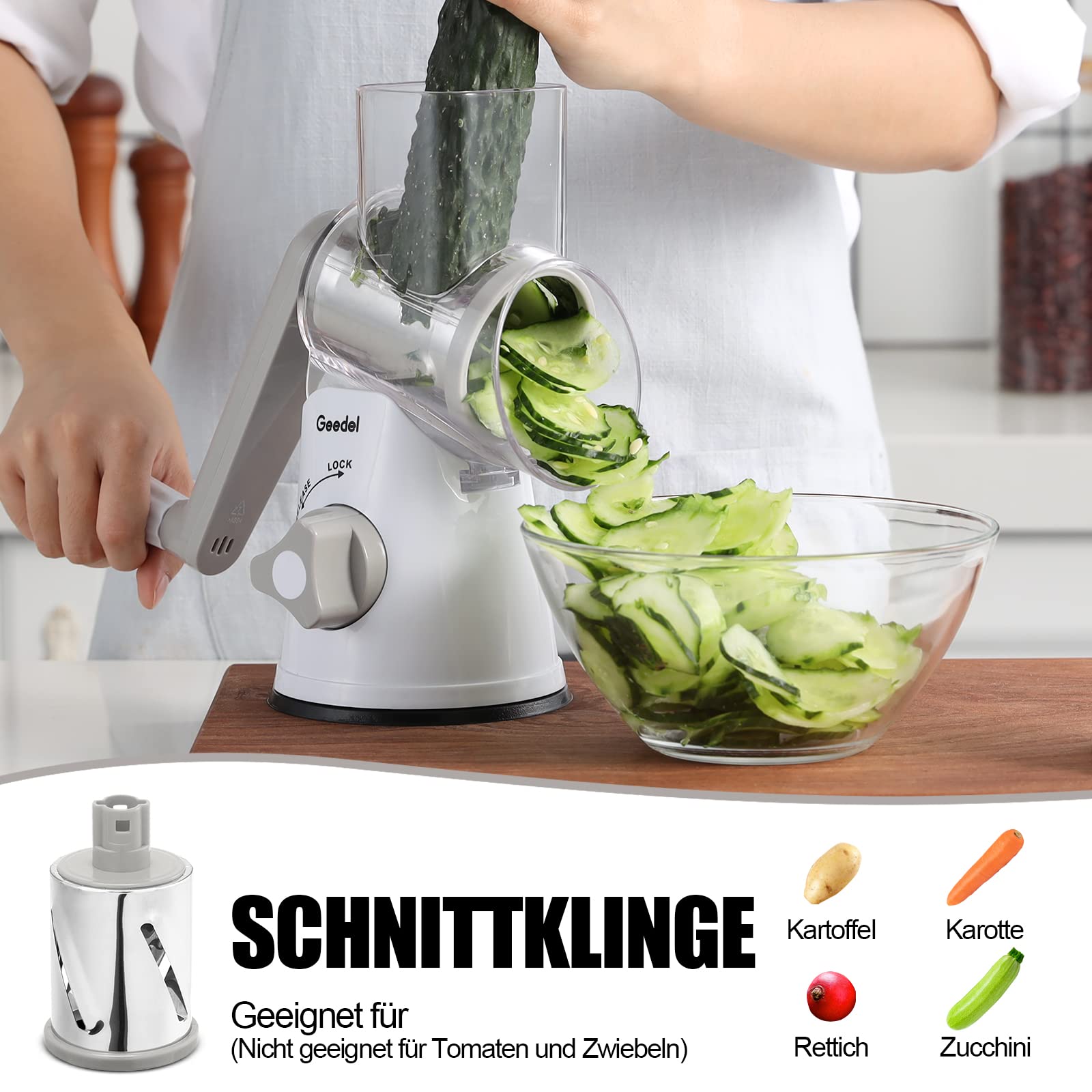 Käsereibe, Reibe für Gemüse mit 3 Trommelblättern, Trommelreibe Schnelleres und Einfaches Schneiden, Gemüseschneider Ideal für Käse, Gurken, Karotten, Nüsse usw