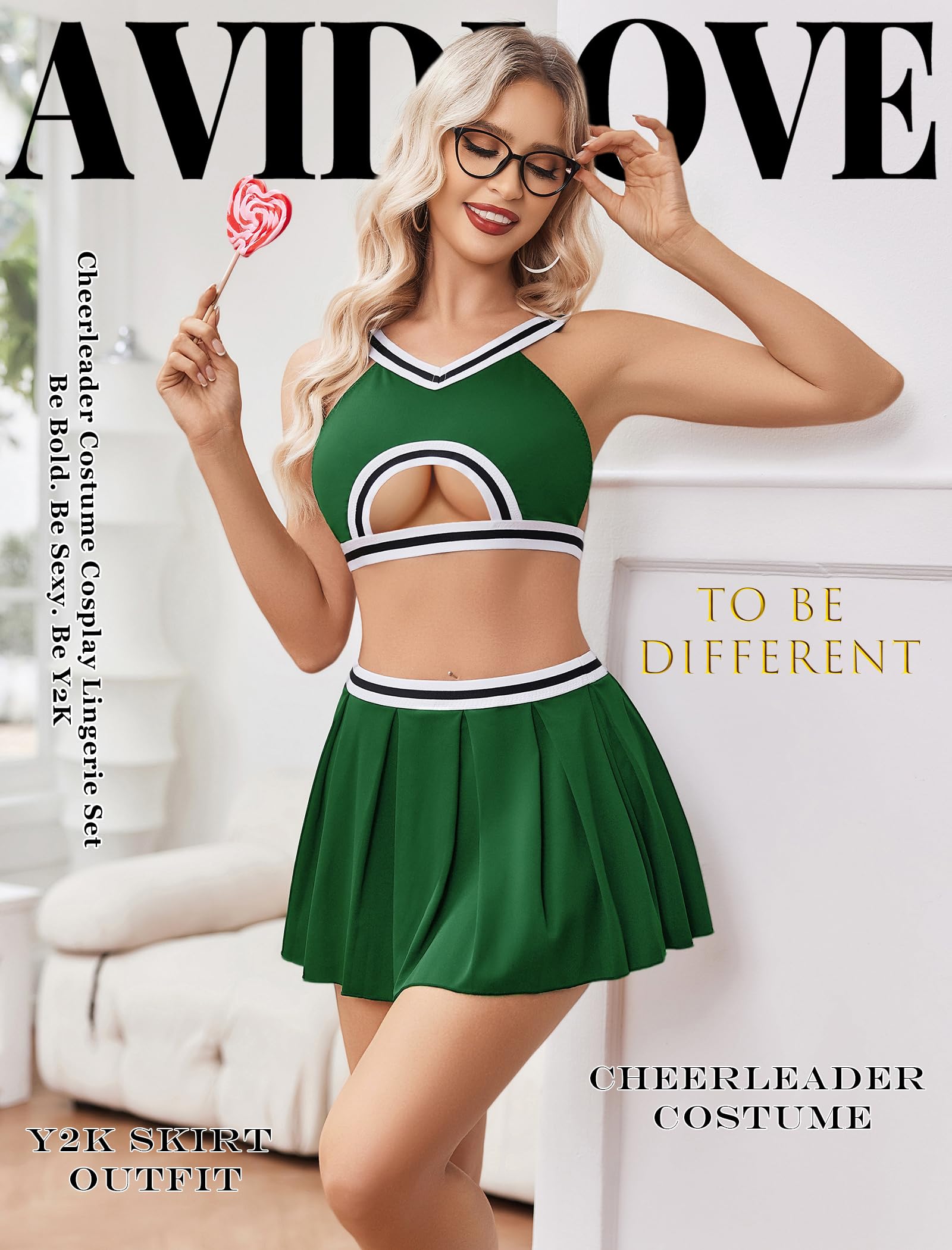 Avidlove Lingerie for Women Sexy Mini Skirt Cheerleader Costume Hollow Crop Top Y2K Pleated Skirts Set Cosplay Rave Outfit: Green XX-Large