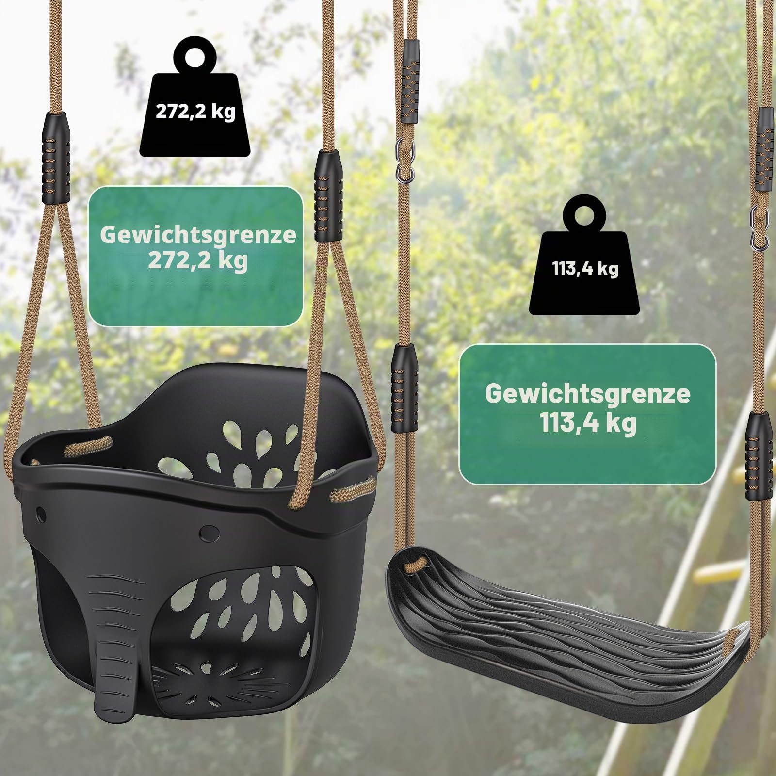 SELEWARE Schaukel Outdoor Kinder Schaukelsitz Set - Indoor Erwachsene Swing Babyschaukel Schwarz Garten Kinderschaukel Höhenverstellbar Schaukeln mit rutschfest Verstellbare Seil Schaukelbrett