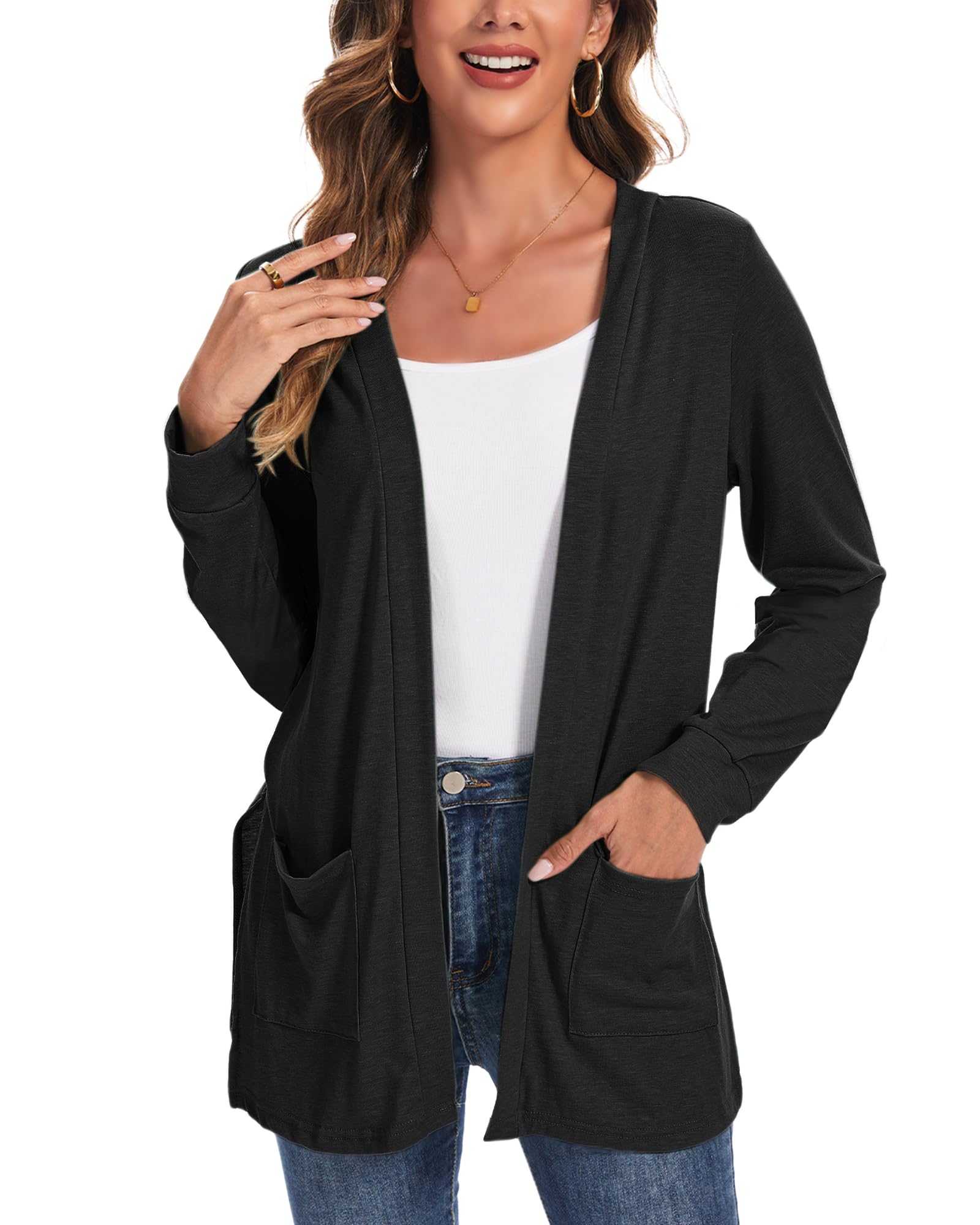Lightweight Cardigan for Women Long Sleeve Fall Cardigans with Pockets Open Front Sweater with Striped Sleeve