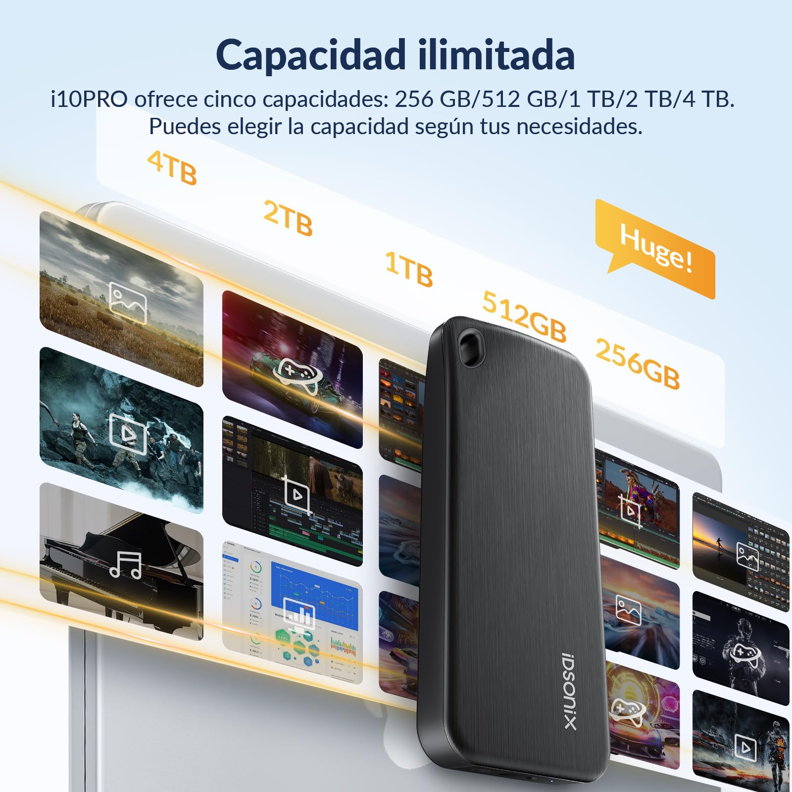 iDsonix Disco Duro Externo SSD portátil de 2 TB, USB 3.2 Gen 2, hasta 1000 MB/s, con Cable USB-C 2 en 1, Compatible con Xbox, PS5, Mac, PC, portátil y cámara (i10PRO)