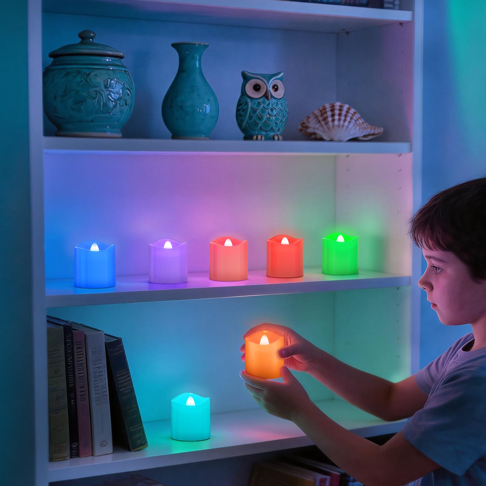 PChero LED Bunte Teelichter Wiederaufladbar mit Ladestation & Fernbedienung | 12er Multicolour Teelichter LED Aufladbar Kerzen Flackernd mit Timer, RGB Farbwechsel, für Halloween Weihnachten Party Deko