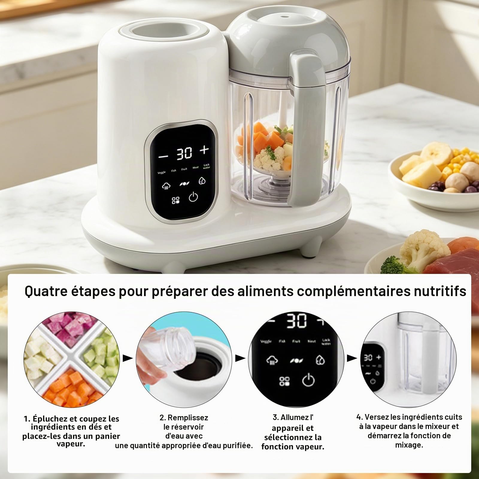 Robot Cuiseur Mixeur pour Bebe,Robot cuisine Multifonction Bébé,Ecran Tactile LED, Stérilisation & Nettoyage Auto,pour Purées Bébé DIY (Blanc C)
