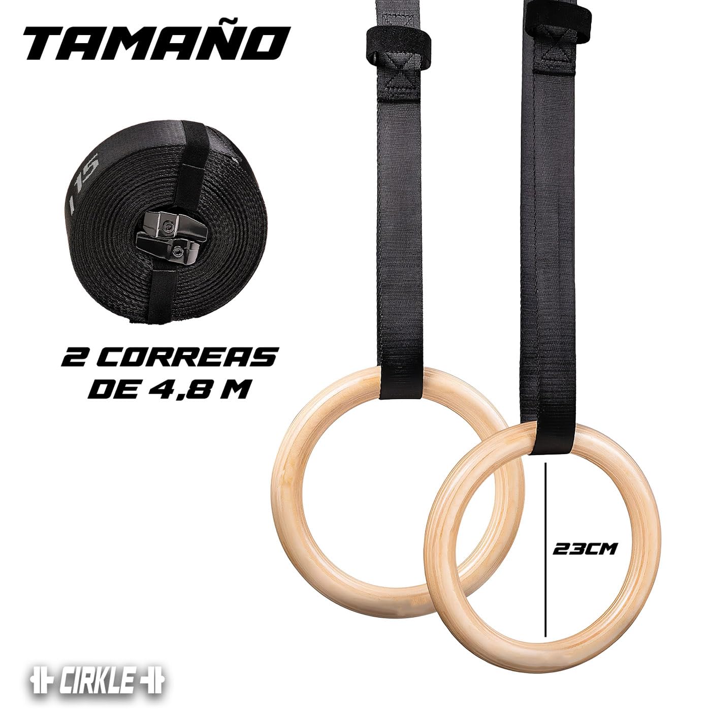Original Cup CIRKLE | 2 Anillas de Madera para Gimnasia | 23 cm de Diámetro con Correas Ajustables | Entrenamiento, Fitness, Musculacion, Deporte | Fácil Fijación, Máxima Seguridad | Aerobik
