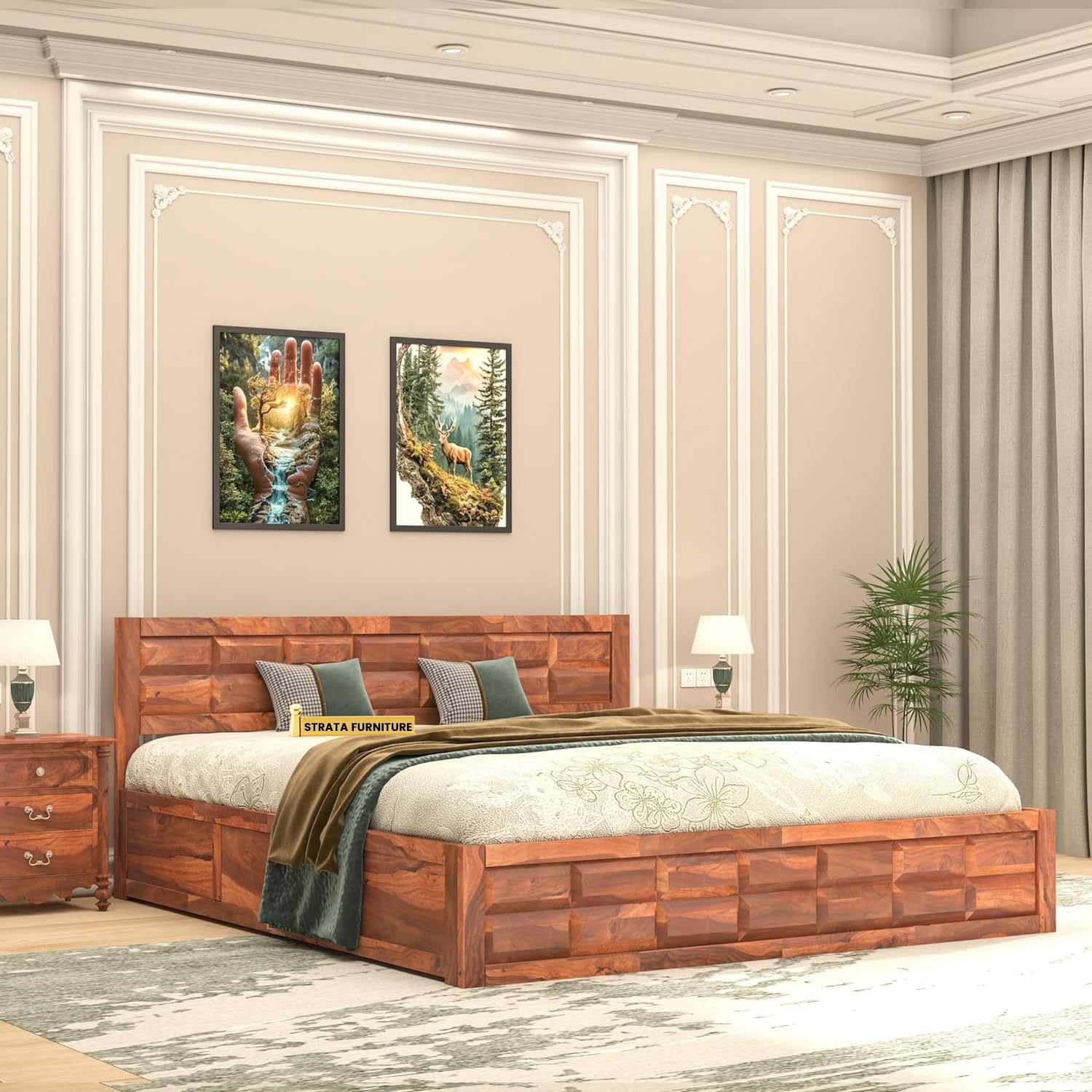 STRATA FURNITURE Solid Sheesham Wood King Size Bed with Box Storage | Wooden Double Bed Cot Palang Furniture for Bedroom Living Room and Home (Honey Finish)