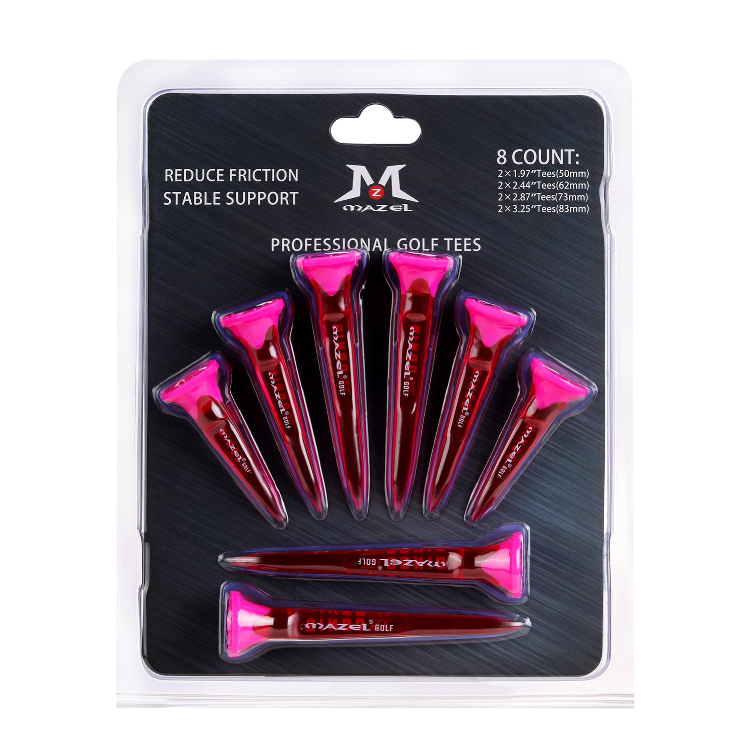 MAZEL Golf Tees 8 Pack Durable Plastic Par-Tee High Performance Tees 1.97" 2.44" 2.87" 3.25" (Transparent, Pink)