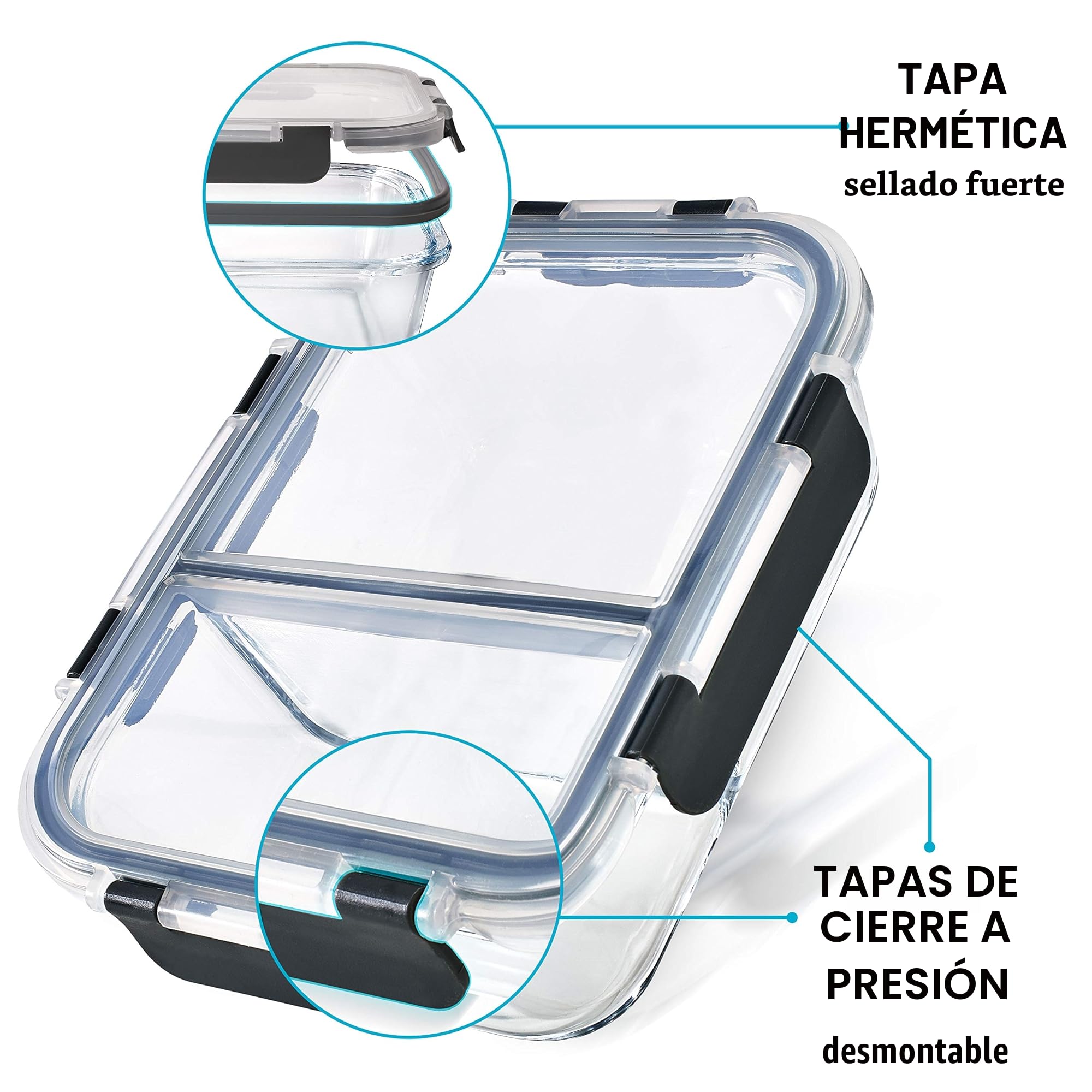 Igluu Meal Prep Recipientes de Cristal (Set de 3) 2 Compartimentos – 980ml | Tapa Hermética y Sin BPA – Horno, Freidora de Aire, Microondas, Congelador y Lavavajillas – Vidrio de Borosilicato
