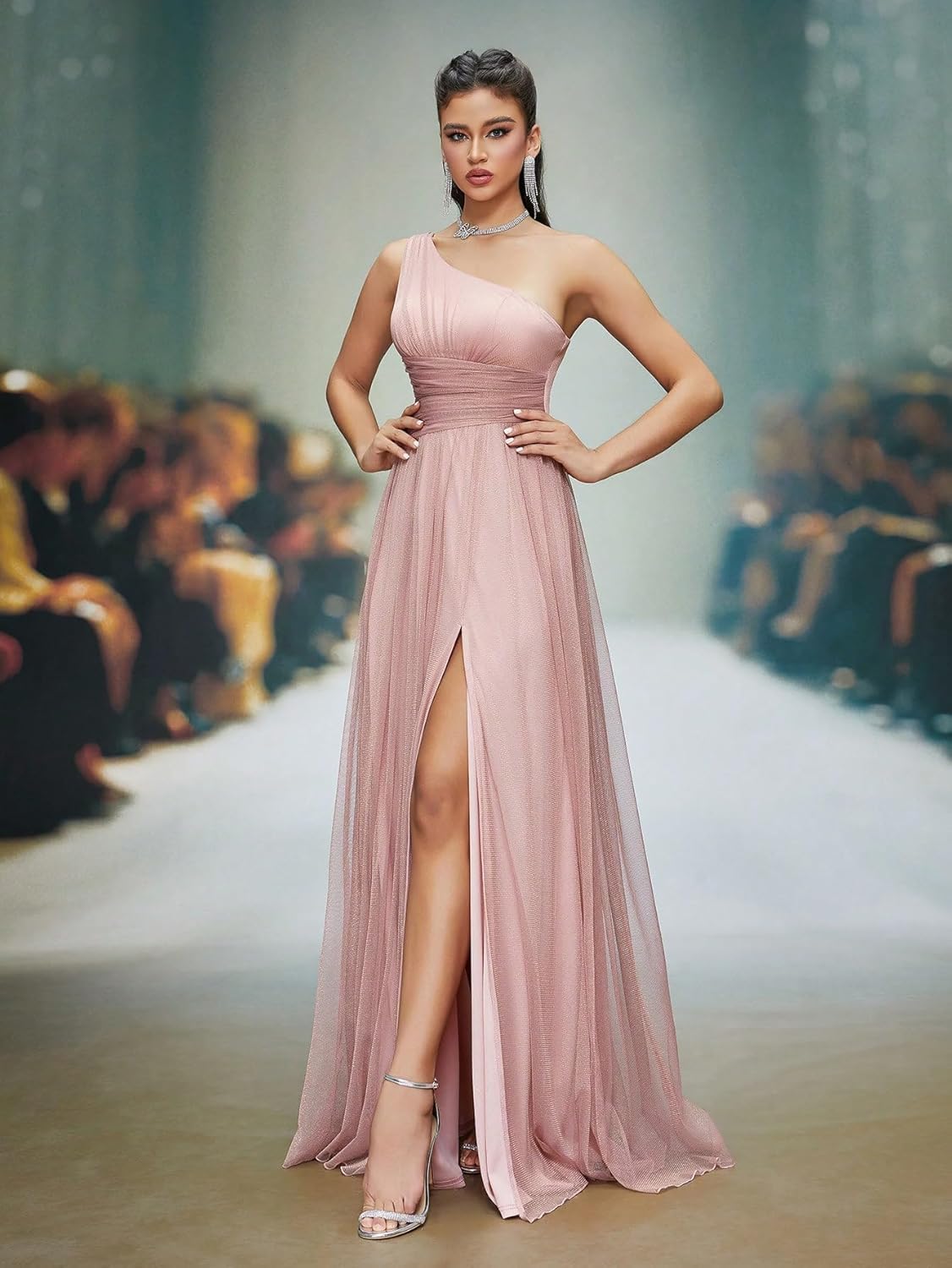 Women's Glamorous One Shoulder Sparkly Tulle Long Evening Dress with High Slit Waist Cinching for Weddings Party - Image 2