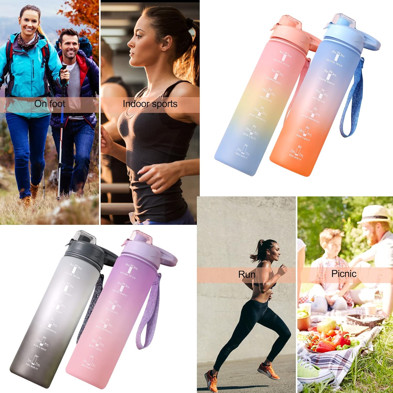 Sports Water Bottle with Straw,32oz,With Both Time Marker and Water Volume Marker,Leak Proof Thickened,BPA-Free,Adults and Kids Love It,Apply To Gym,Outdoor,Travel(Blue-Pink Gradient)