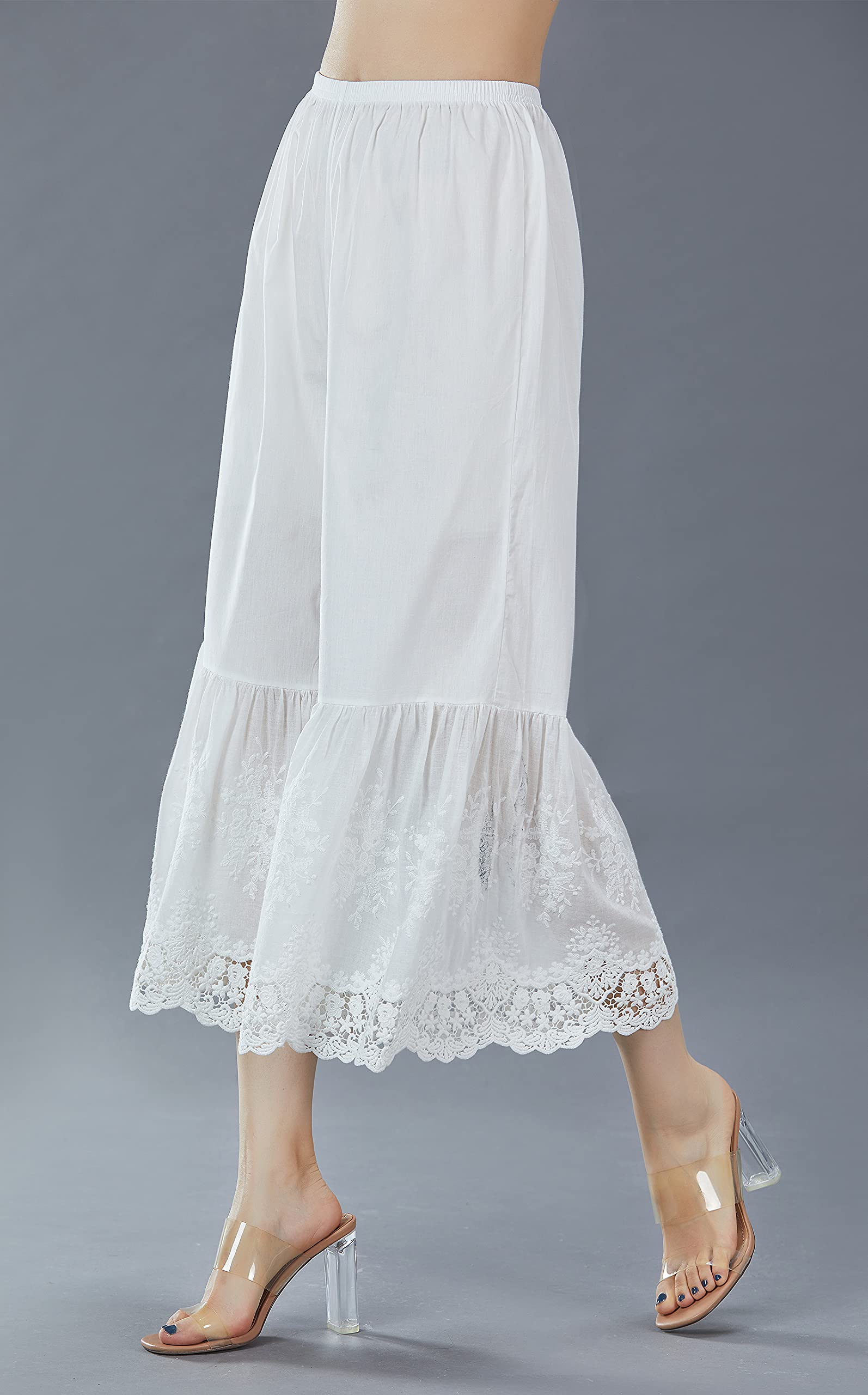 EAUTELICATE Capri Pantalon De Pyjama Femme Été Jupon sous-Jupe en 100% Coton Vintage Pantacourt Longue Ample Évasé à La Maison avec Dentelle Ivoire Crème