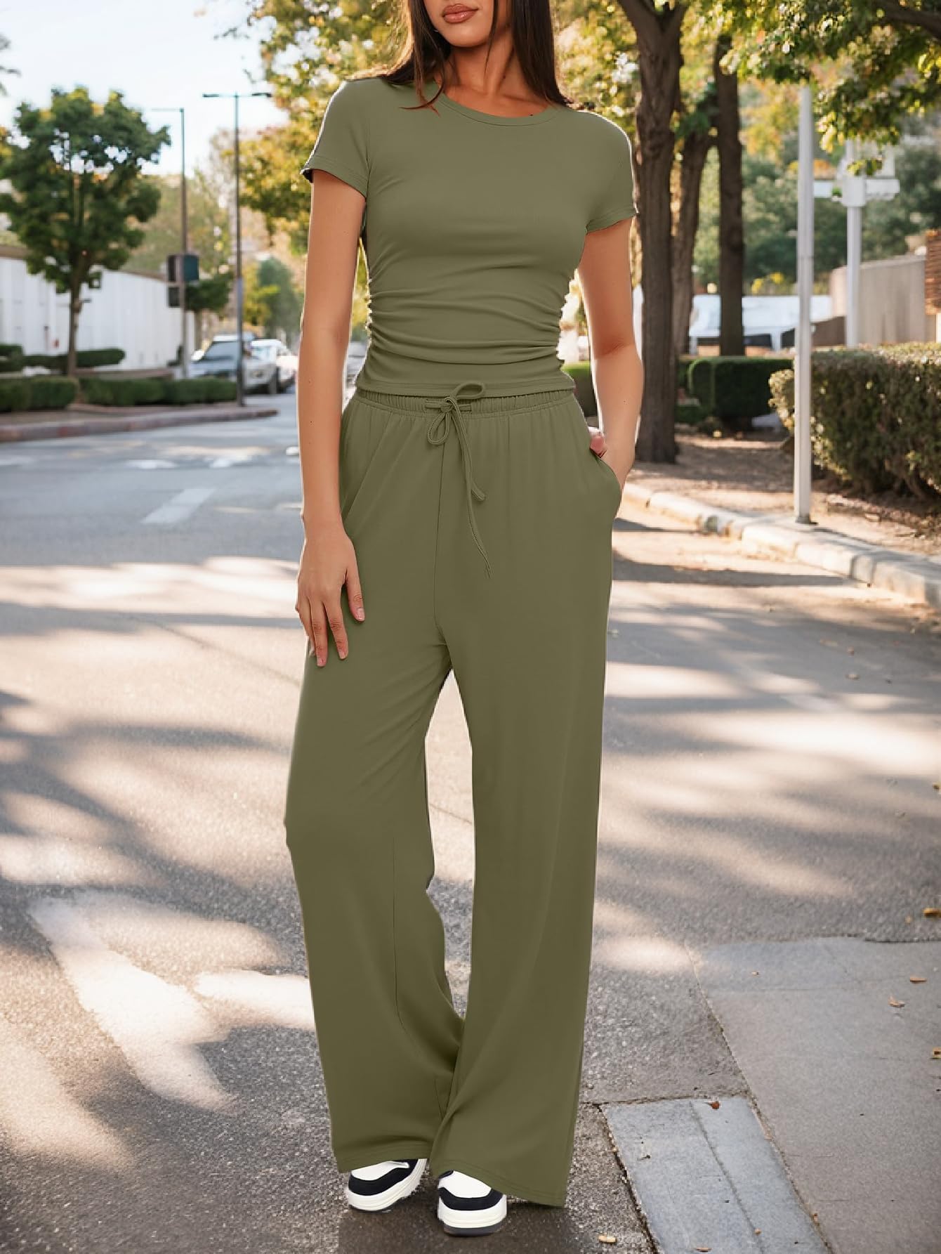 Women's 2 Piece Lounge Set Ruched Short Sleeve Tops High Waisted Wide Leg Pants — view 9