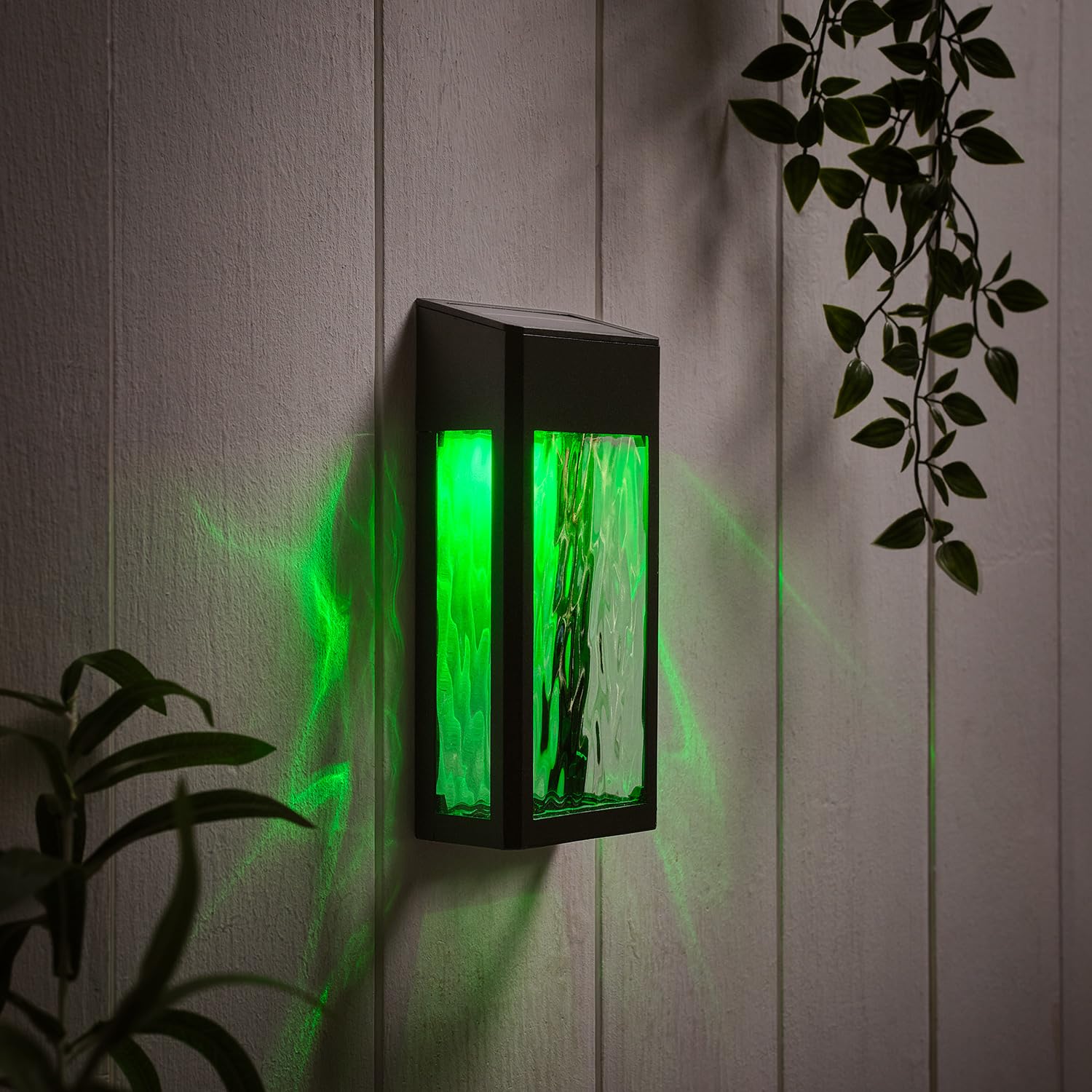Lights4fun Outdoor Black Metal Solar Powered Crackle Glass Waterproof Fence Wall Lights Warm White and Colour Changing LED 25cm - Image 2