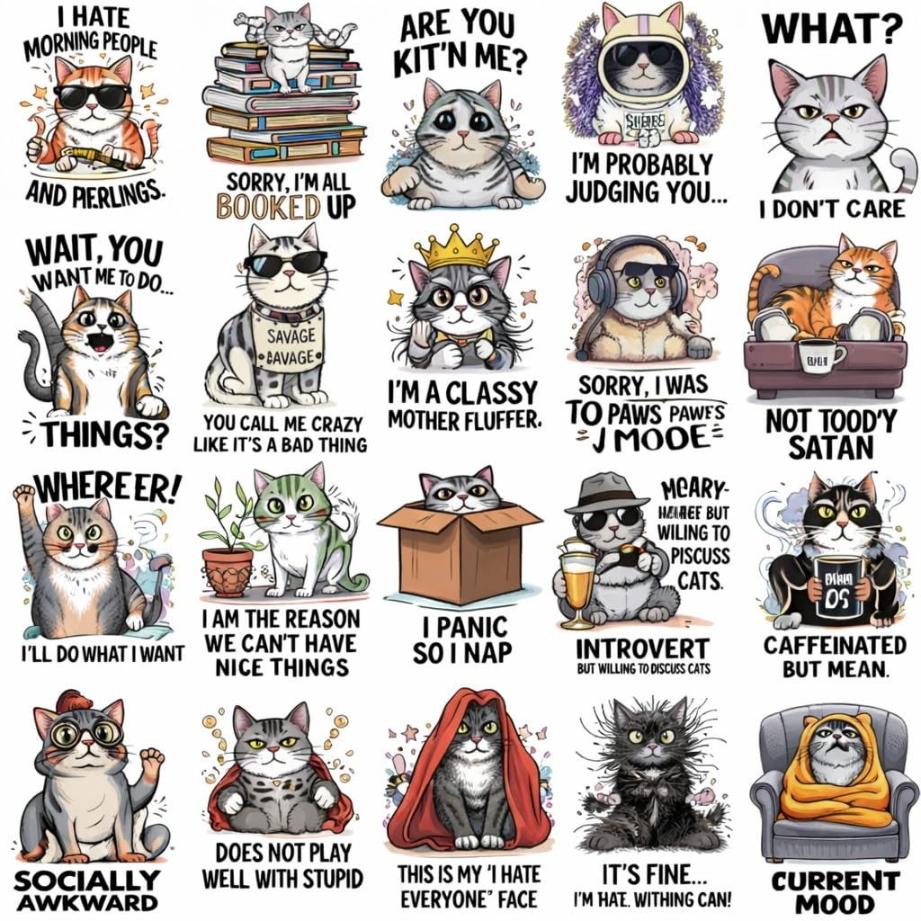 Funny Cat Meme UV DTF Cup Wraps Transfer Stickers, 16 Pattern Waterproof Decals for Mug Glass Water Bottle, 2.5 Inch DIY Crafts