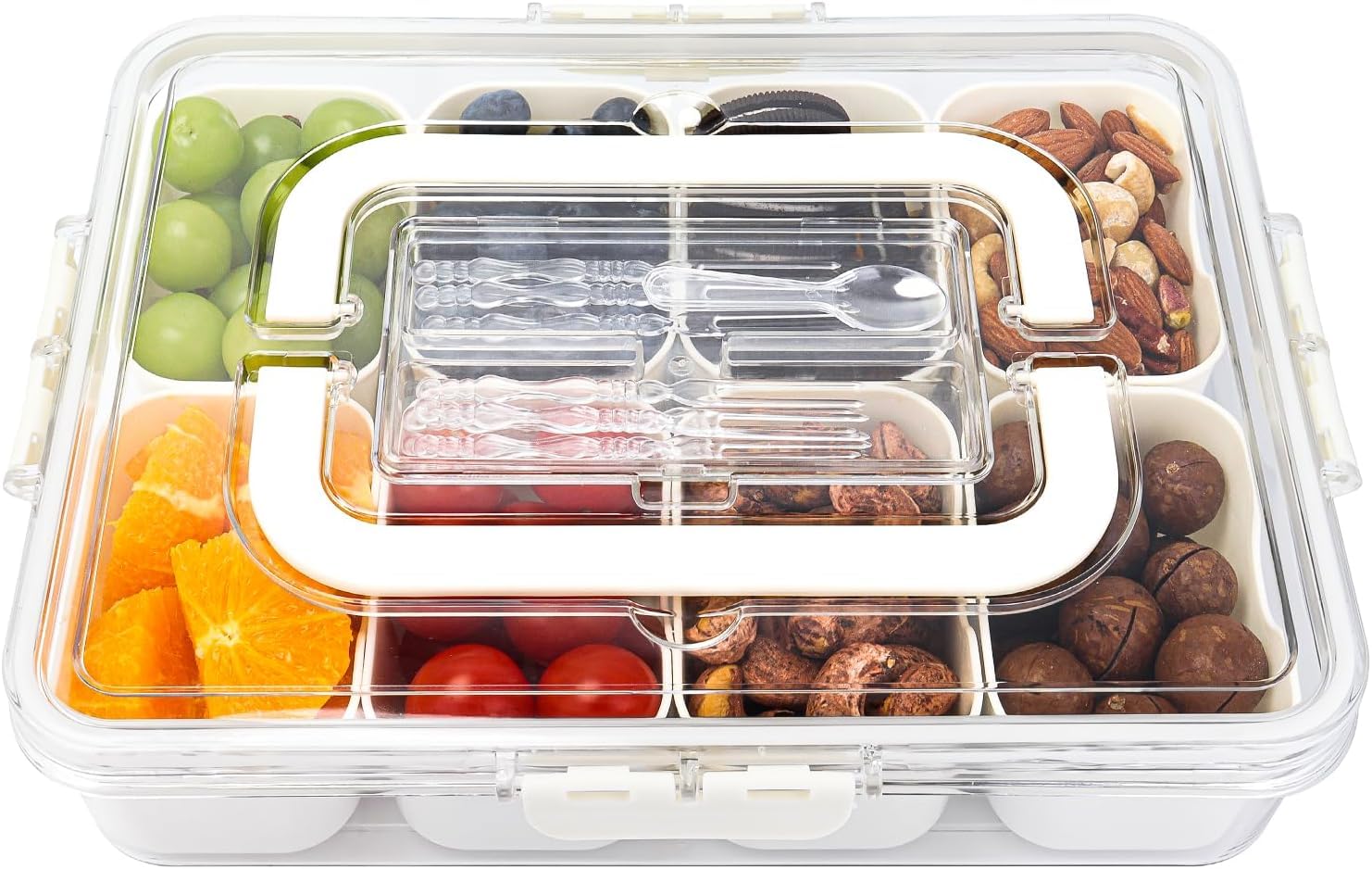 STORICANS Snackle Box Snack Tray with Lid and Handle 8 Compartments,Portable Divided Reusable Snack Boxes Container, Food Organizer for Spice, Candy, Fruit, Nuts, Chips and Dip, Suitable for Party — image 1