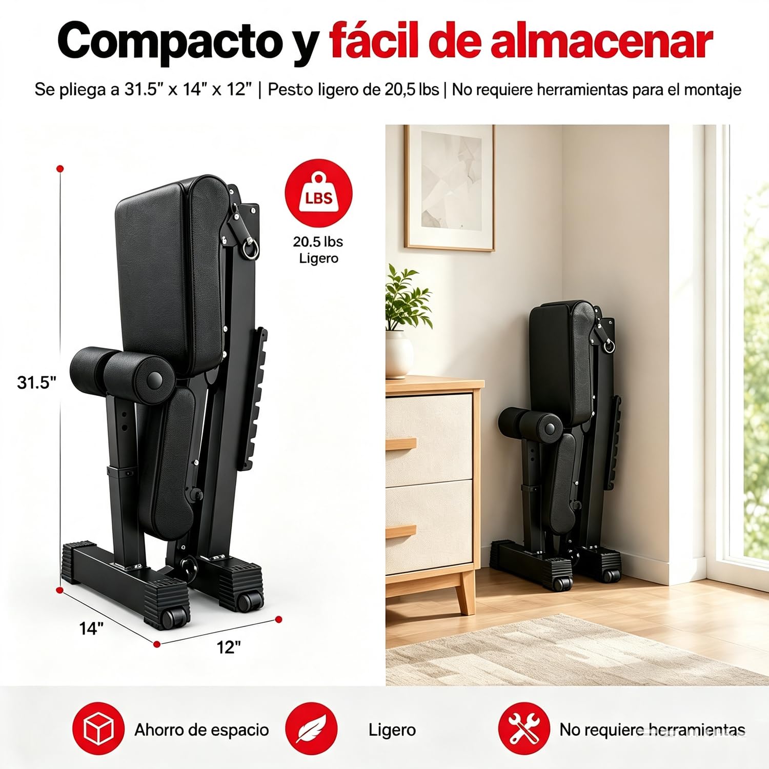 Banco musculación plegable 7 posiciones negro, ideal para fitness en casa, fácil almacenar